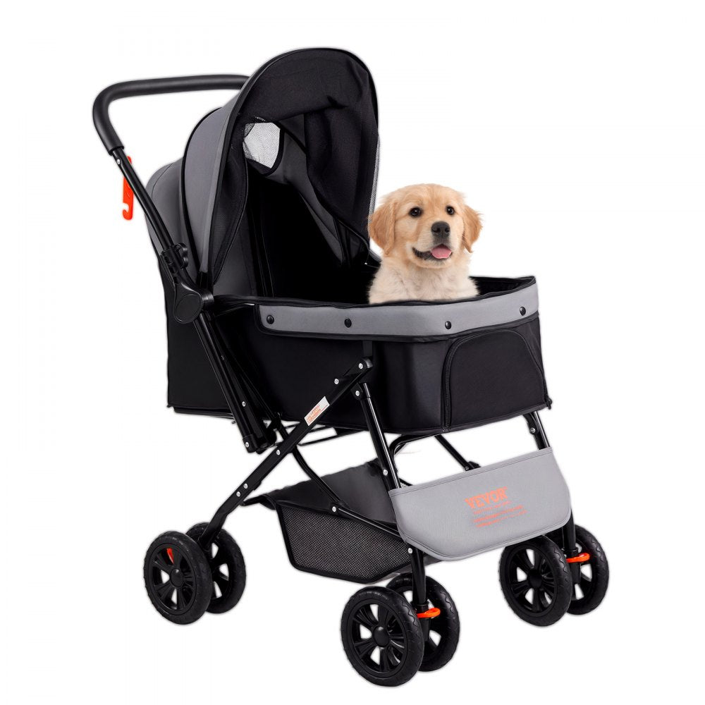 VEVOR Pet Stroller, 4 Wheels Dog Stroller Rotate with Brakes, 44lbs Weight Capacity, Puppy Stroller with Reversible Handlebar, Storage Basket and Zipper, for Dogs and Cats Travel, Black+Grey 