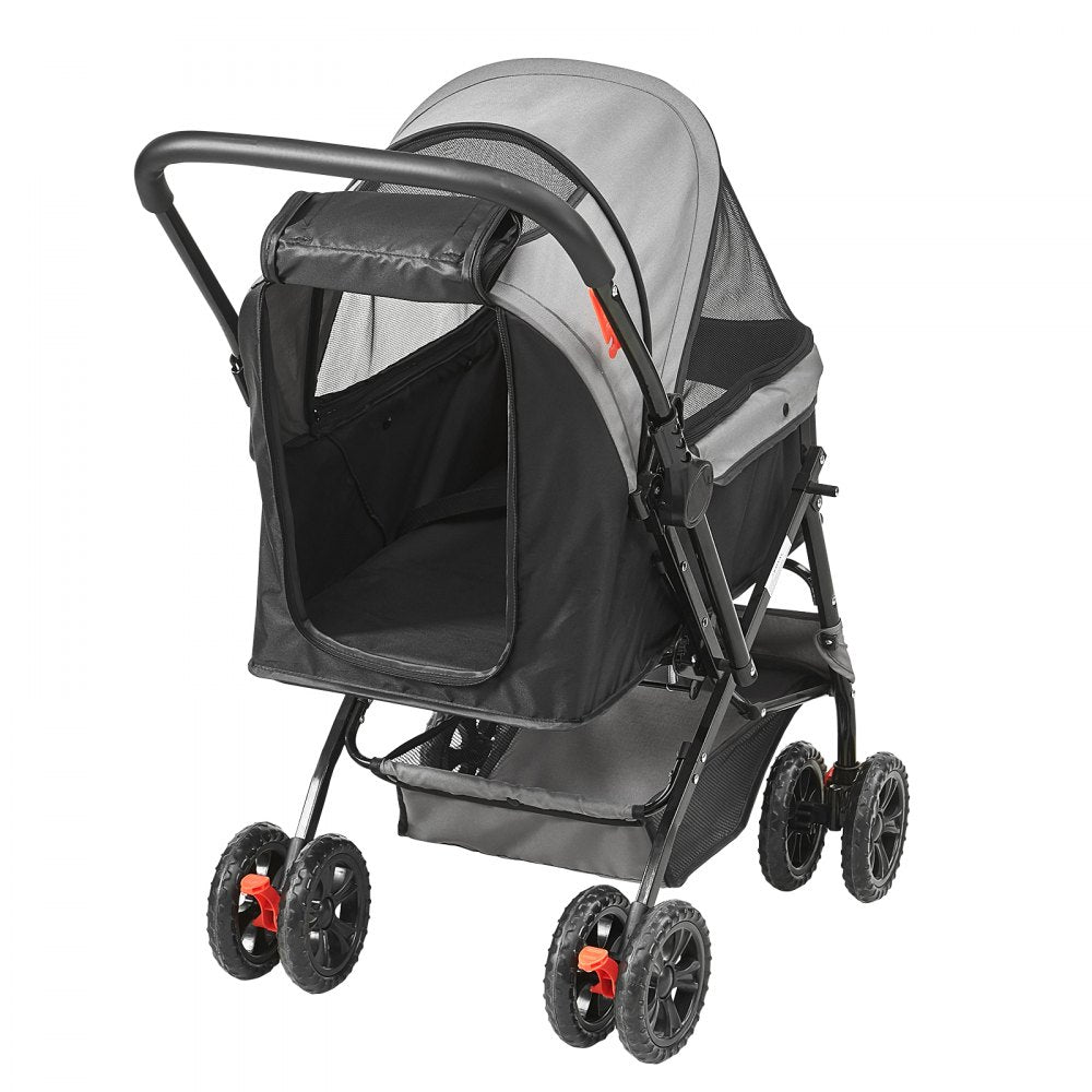 VEVOR Pet Stroller, 4 Wheels Dog Stroller Rotate with Brakes, 44lbs Weight Capacity, Puppy Stroller with Reversible Handlebar, Storage Basket and Zipper, for Dogs and Cats Travel, Black+Grey 