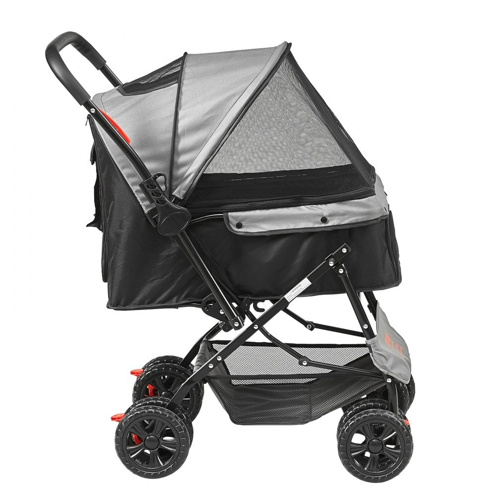 VEVOR Pet Stroller, 4 Wheels Dog Stroller Rotate with Brakes, 44lbs Weight Capacity, Puppy Stroller with Reversible Handlebar, Storage Basket and Zipper, for Dogs and Cats Travel, Black+Grey 
