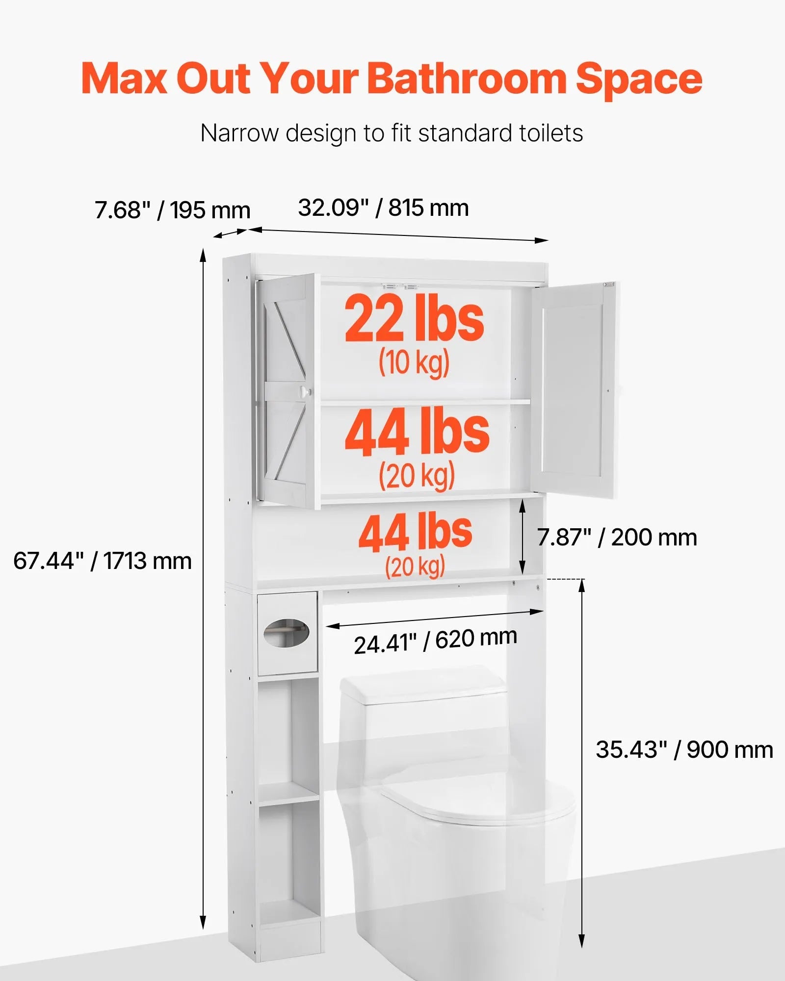 VEVOR Over The Toilet Storage Cabinet, 67.44 in Height Bathroom Storage Organizer with Double Door and Adjustable Shelf, Bathroom Space Saver Organizer Above Toilet with Open Shelf, White 