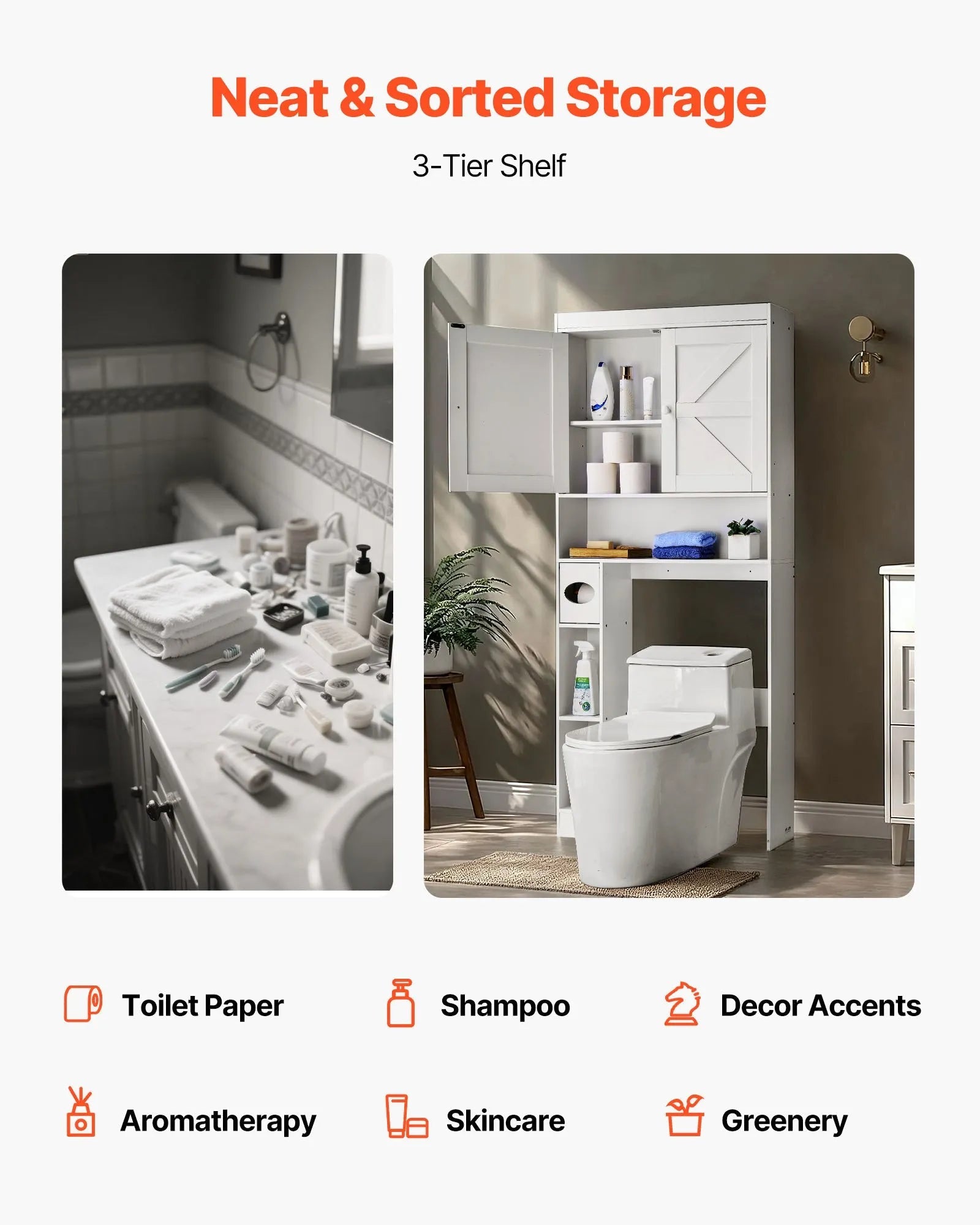 VEVOR Over The Toilet Storage Cabinet, 67.44 in Height Bathroom Storage Organizer with Double Door and Adjustable Shelf, Bathroom Space Saver Organizer Above Toilet with Open Shelf, White 