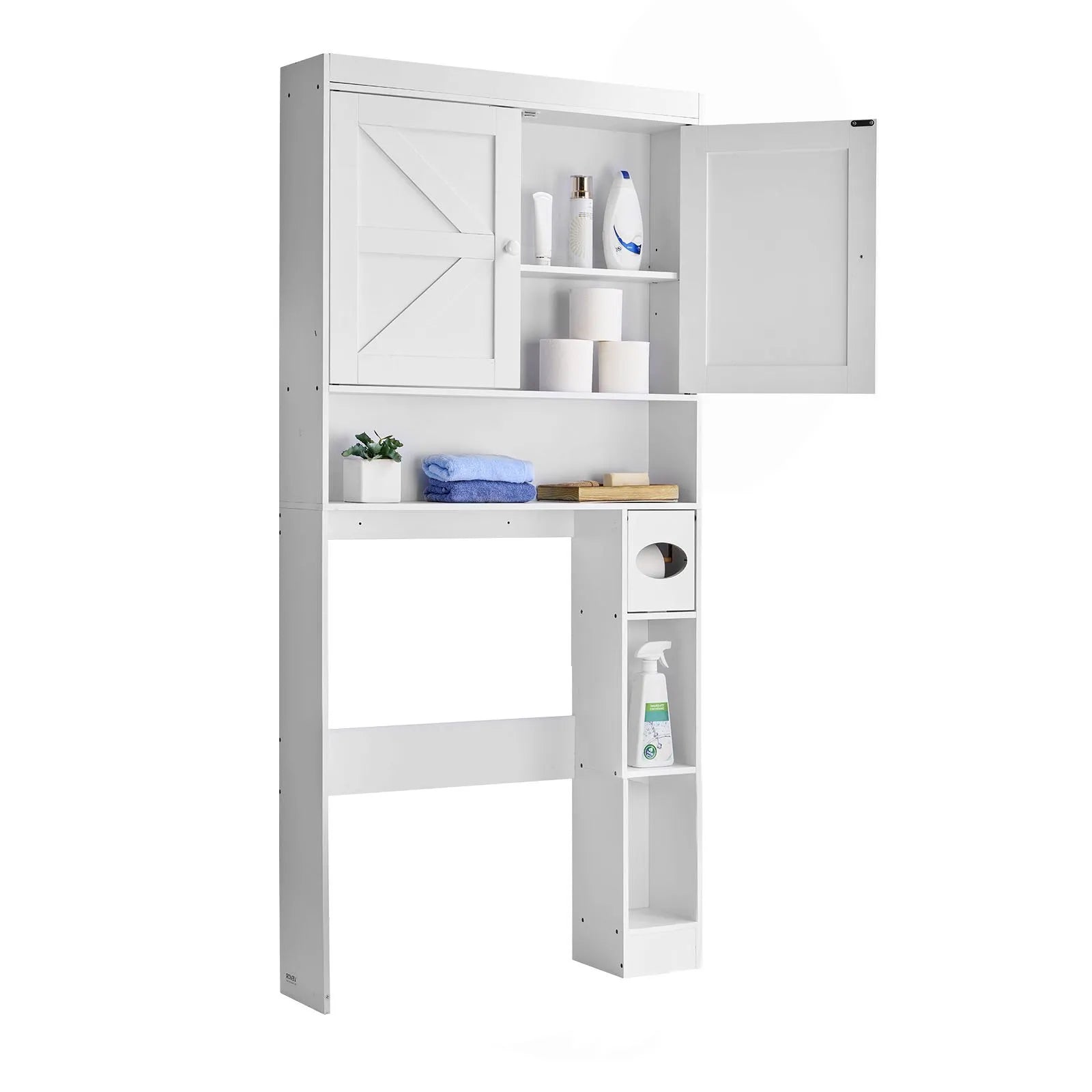 VEVOR Over The Toilet Storage Cabinet, 67.44 in Height Bathroom Storage Organizer with Double Door and Adjustable Shelf, Bathroom Space Saver Organizer Above Toilet with Open Shelf, White 