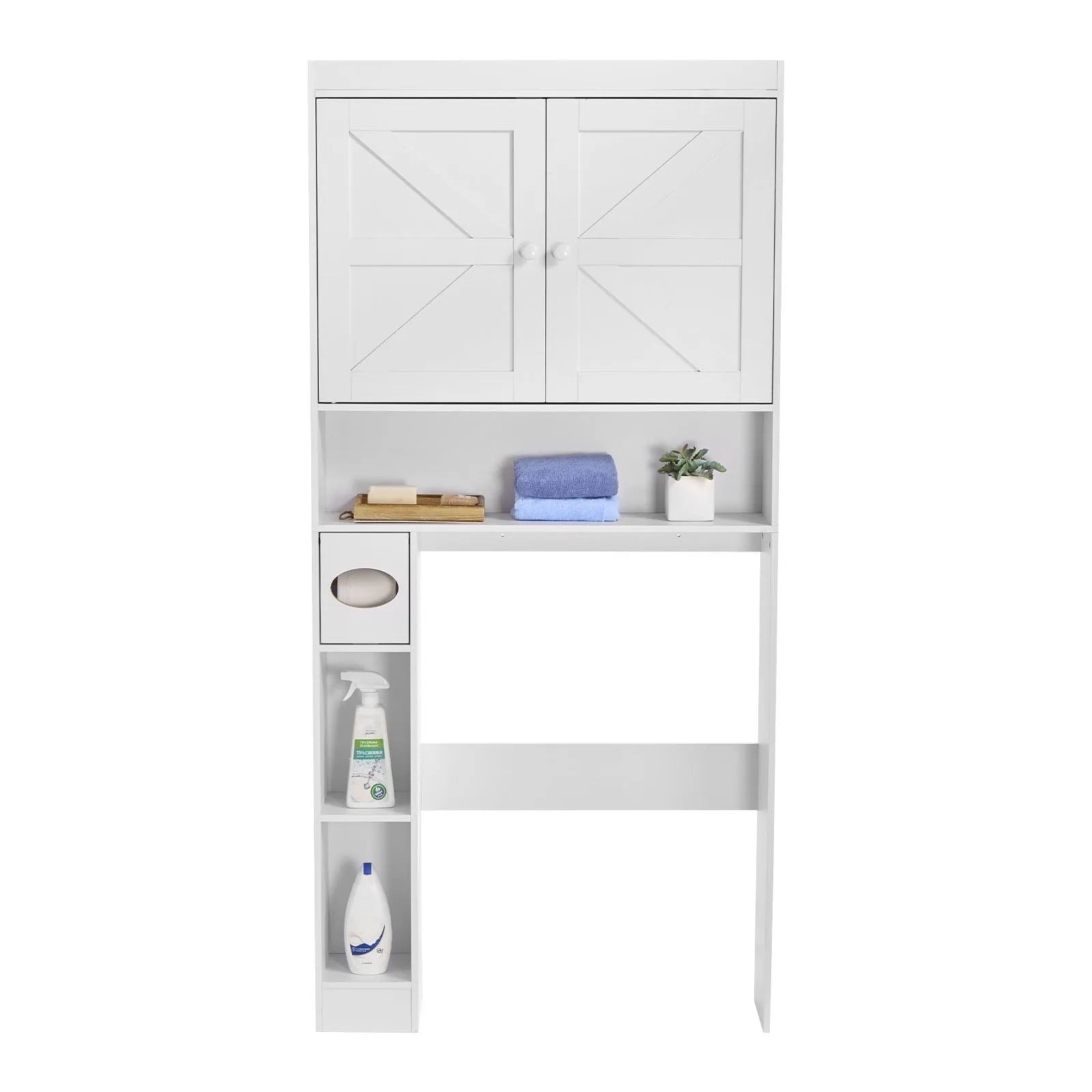 VEVOR Over The Toilet Storage Cabinet, 67.44 in Height Bathroom Storage Organizer with Double Door and Adjustable Shelf, Bathroom Space Saver Organizer Above Toilet with Open Shelf, White 