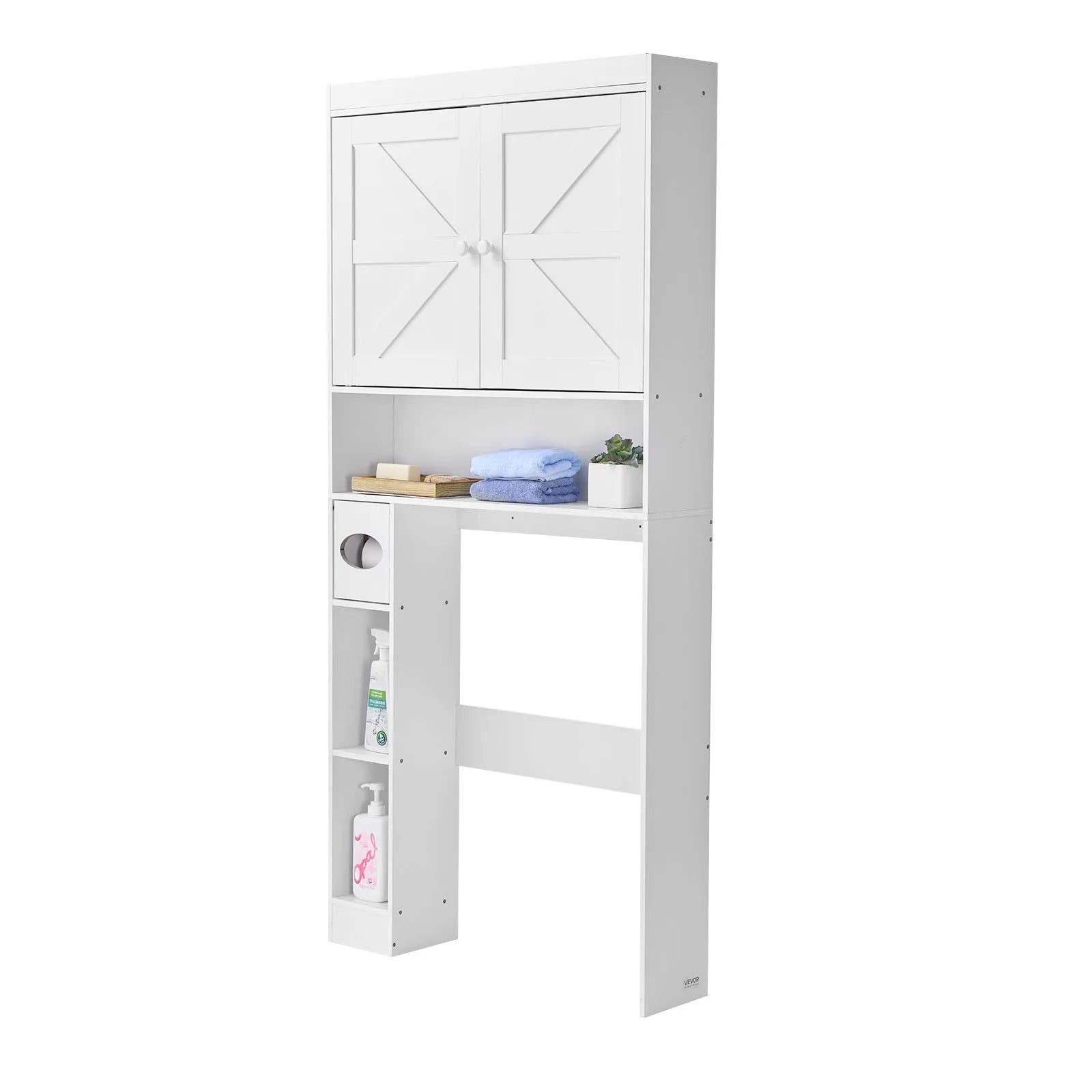 VEVOR Over The Toilet Storage Cabinet, 67.44 in Height Bathroom Storage Organizer with Double Door and Adjustable Shelf, Bathroom Space Saver Organizer Above Toilet with Open Shelf, White 