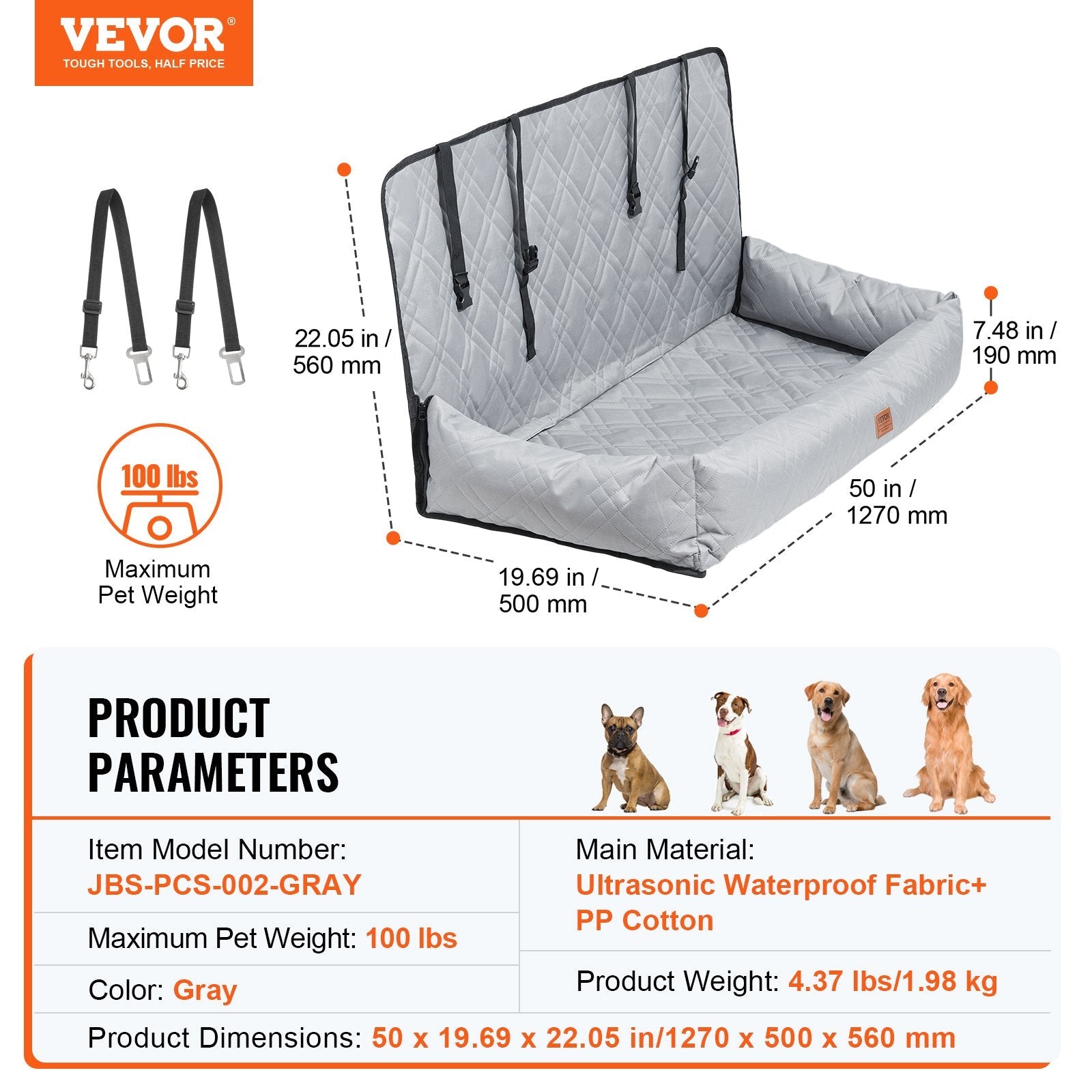 VEVOR Dog Booster Car Seat Pet Car Seat for Medium Large Dog up to 100 lbs Gray 