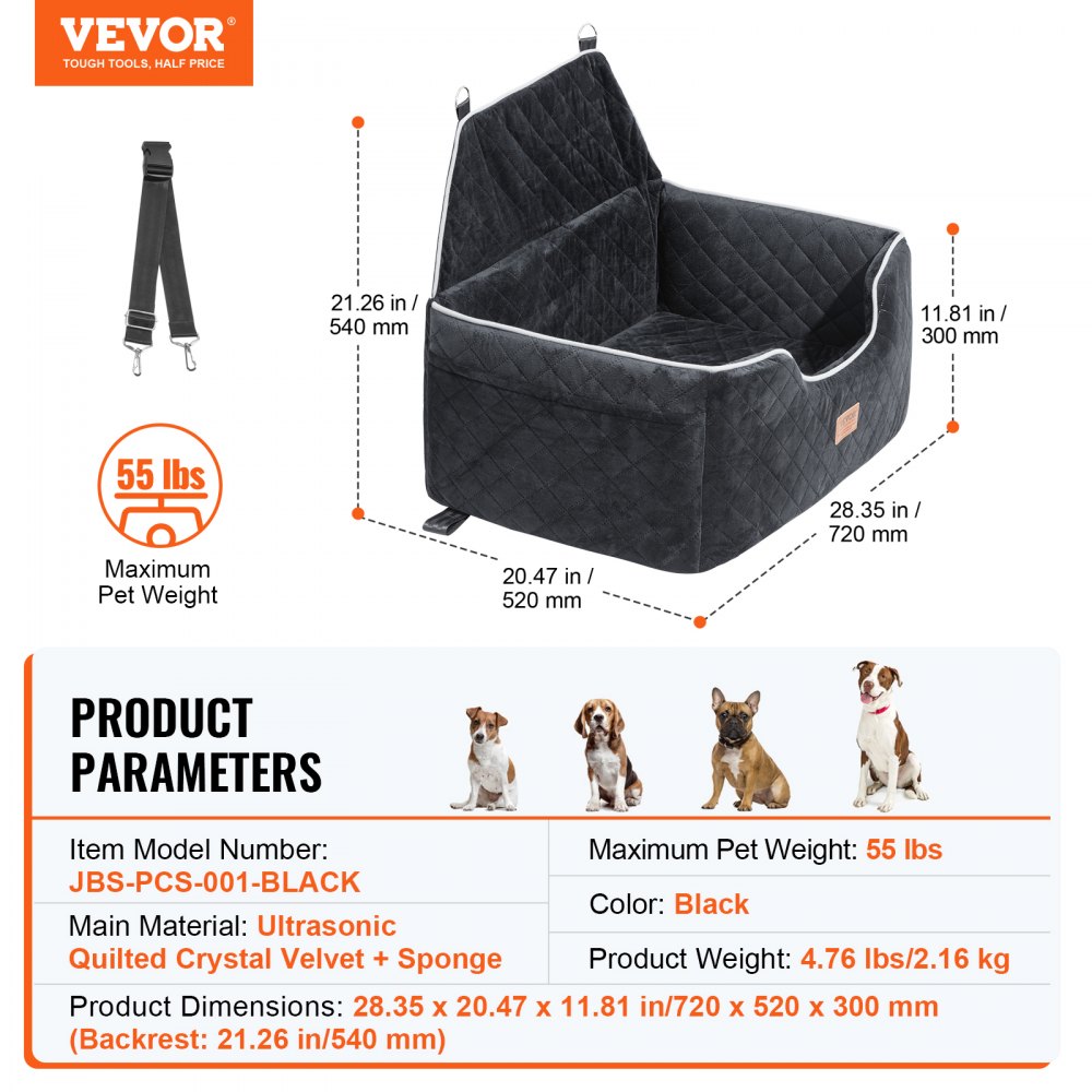 VEVOR Dog Booster Car Seat Pet Car Seat for Medium Large Dog up to 55 lbs Black 