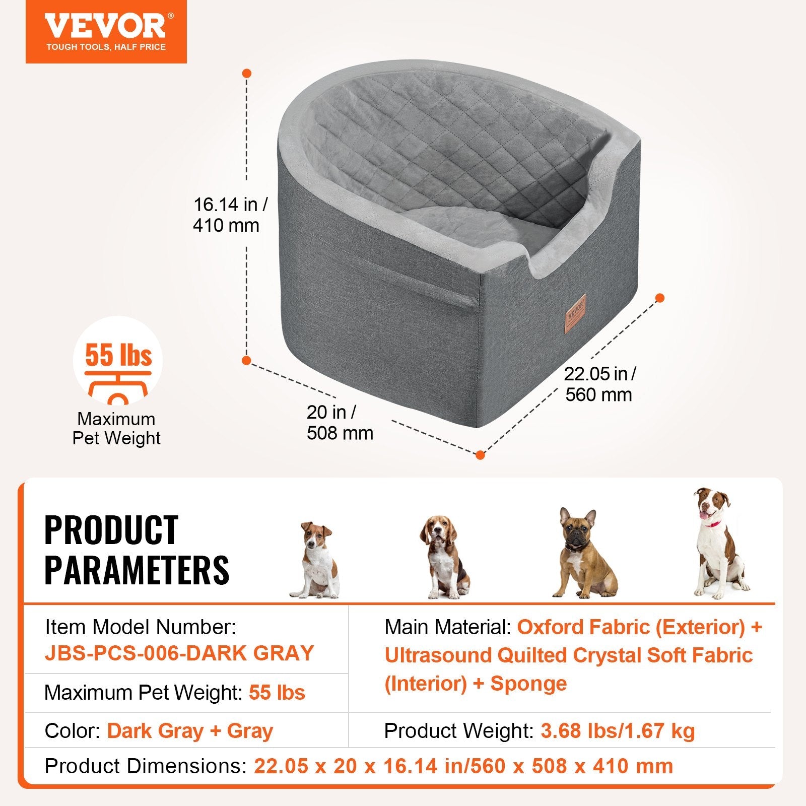 VEVOR Dog Booster Car Seat Pet Car Seat for Small Medium Dog up to 55 lbs Gray 