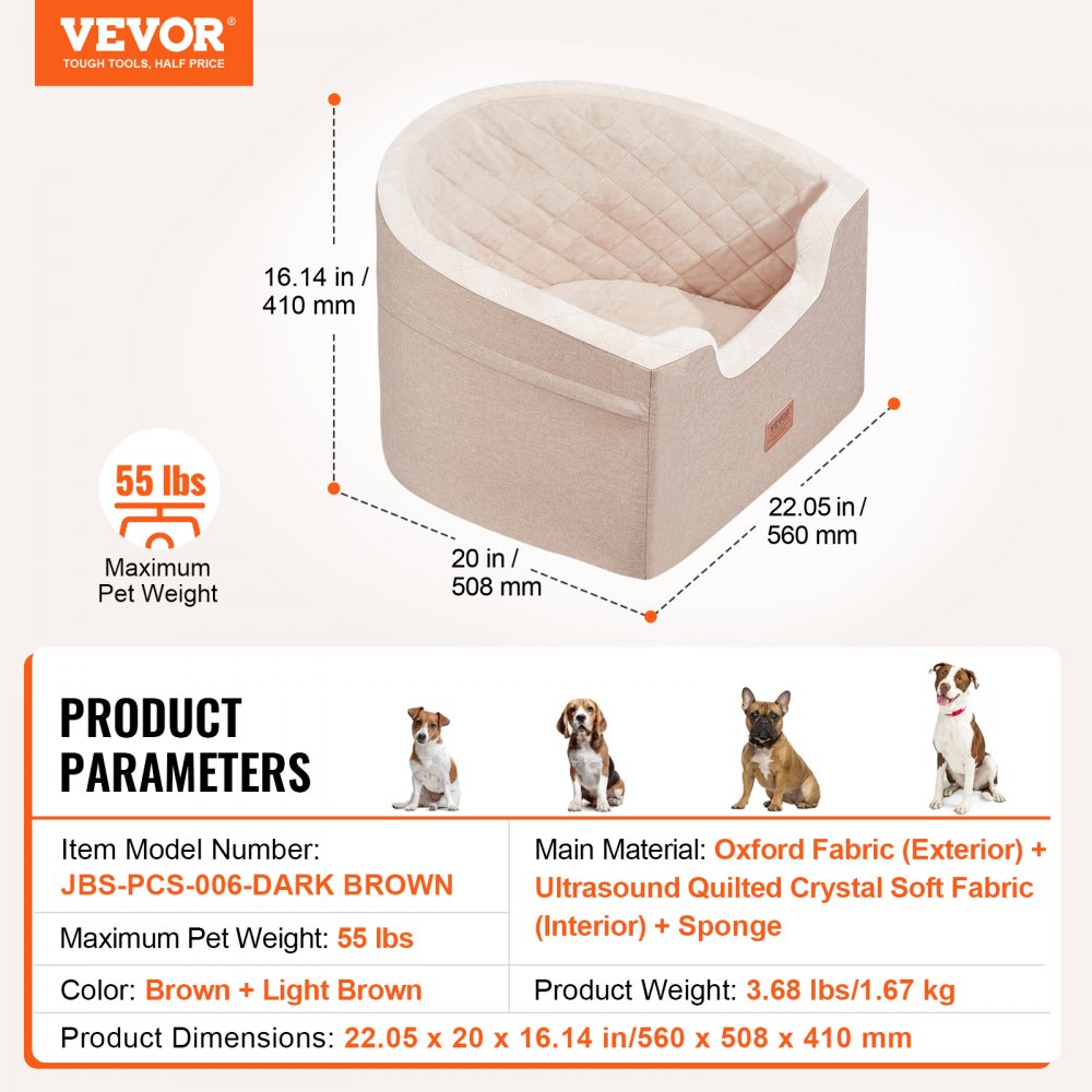 VEVOR Dog Booster Car Seat Pet Car Seat for Small Medium Dog up to 55 lbs Brown 
