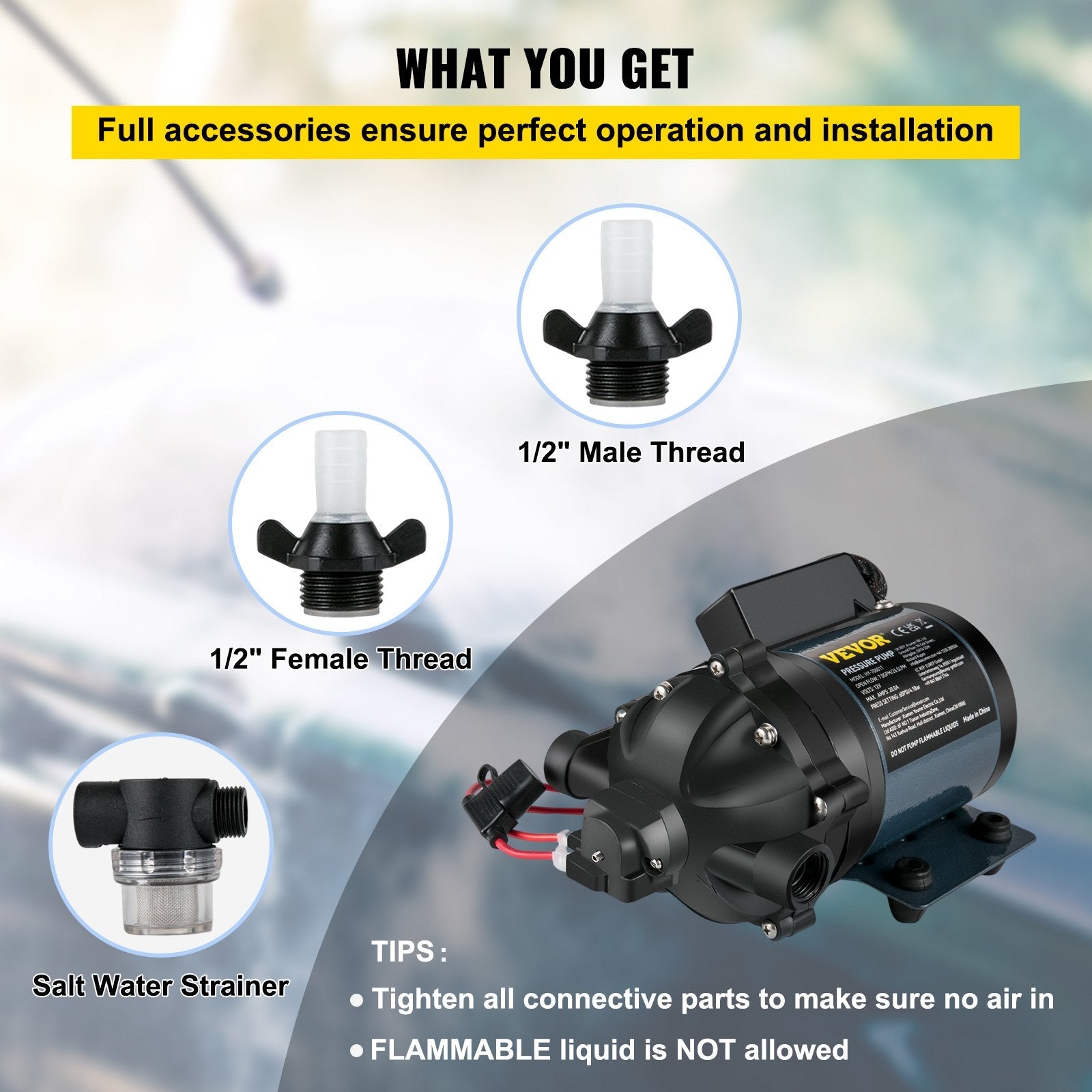 VEVOR Washdown Pump, 12V DC, 7 GPM 60 PSI, Max. 10 FT Lift Self Priming Water Pump, w/ EPDM Valve, Universal Salt Water Strainer & Female/Male Thread, for RV, Marine Deck, Yacht 