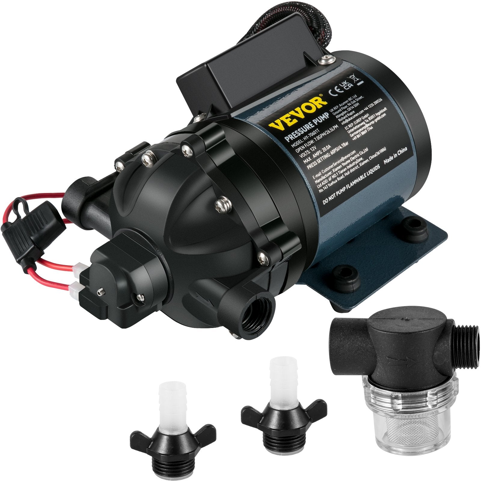 VEVOR Washdown Pump, 12V DC, 7 GPM 60 PSI, Max. 10 FT Lift Self Priming Water Pump, w/ EPDM Valve, Universal Salt Water Strainer & Female/Male Thread, for RV, Marine Deck, Yacht 