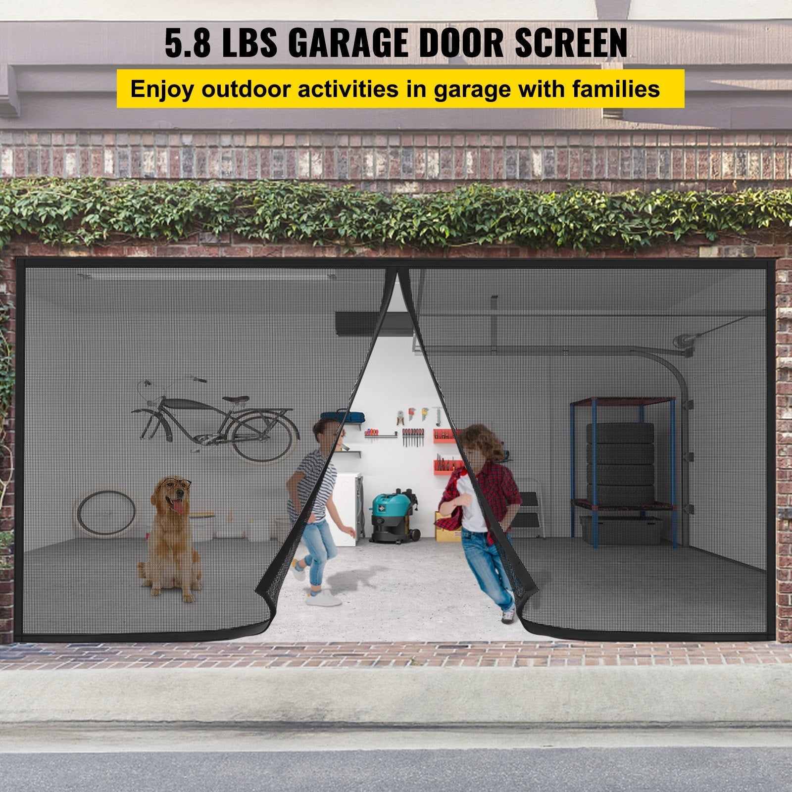 VEVOR Garage Door Screen, 18 x 7 ft for 2 Cars, 5.8 lbs Heavy-Duty Fiberglass Mesh for Quick Entry with Self Sealing Magnet and Weighted Bottom, Kids / Pets Friendly, Easy to Install and Retractable 