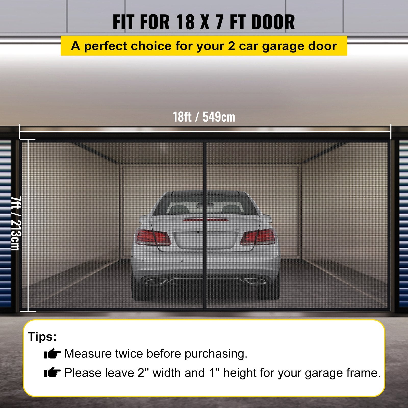 VEVOR Garage Door Screen, 18 x 7 ft for 2 Cars, 5.8 lbs Heavy-Duty Fiberglass Mesh for Quick Entry with Self Sealing Magnet and Weighted Bottom, Kids / Pets Friendly, Easy to Install and Retractable 
