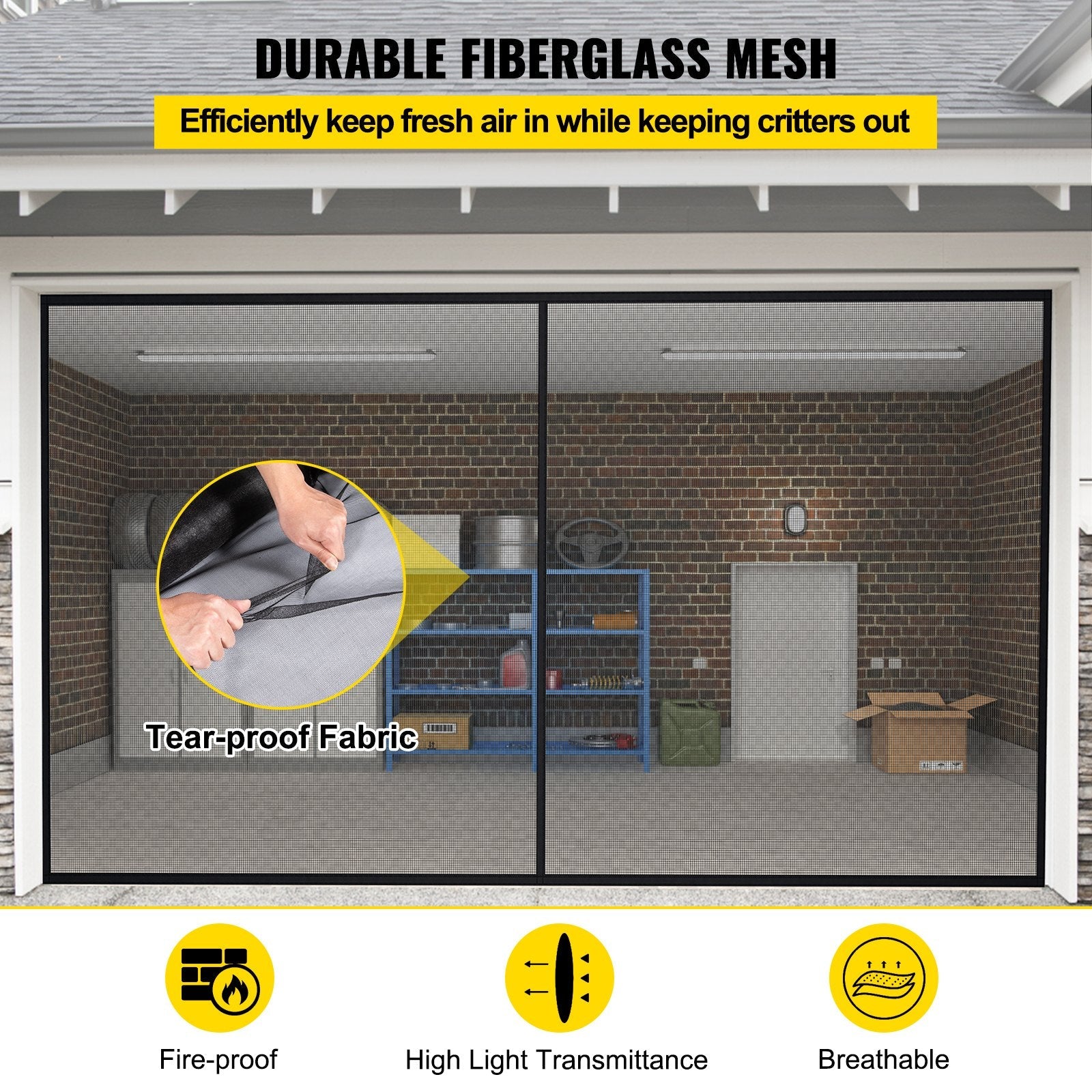 VEVOR Garage Door Screen, 18 x 7 ft for 2 Cars, 5.8 lbs Heavy-Duty Fiberglass Mesh for Quick Entry with Self Sealing Magnet and Weighted Bottom, Kids / Pets Friendly, Easy to Install and Retractable 