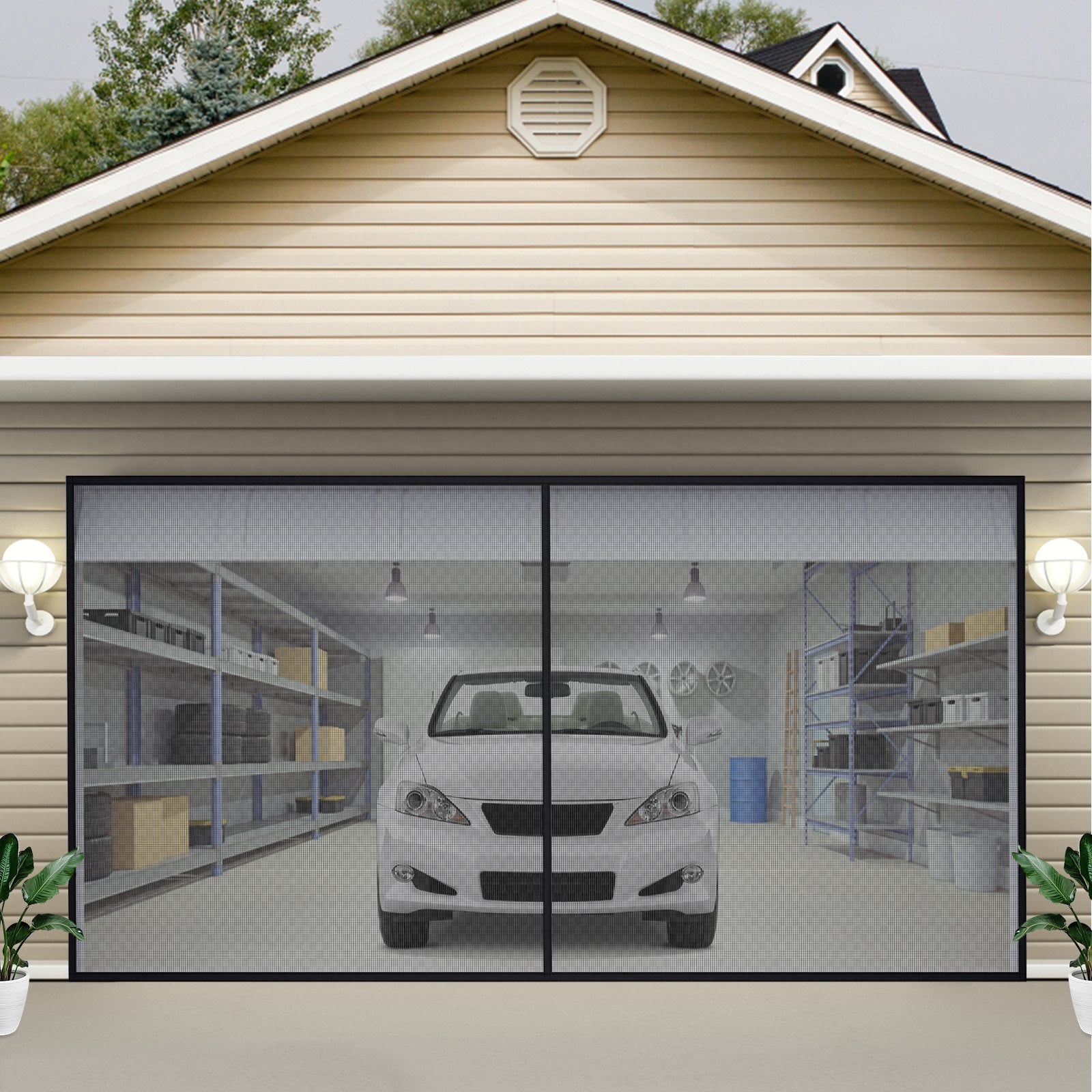 VEVOR Garage Door Screen, 18 x 7 ft for 2 Cars, 5.8 lbs Heavy-Duty Fiberglass Mesh for Quick Entry with Self Sealing Magnet and Weighted Bottom, Kids / Pets Friendly, Easy to Install and Retractable 