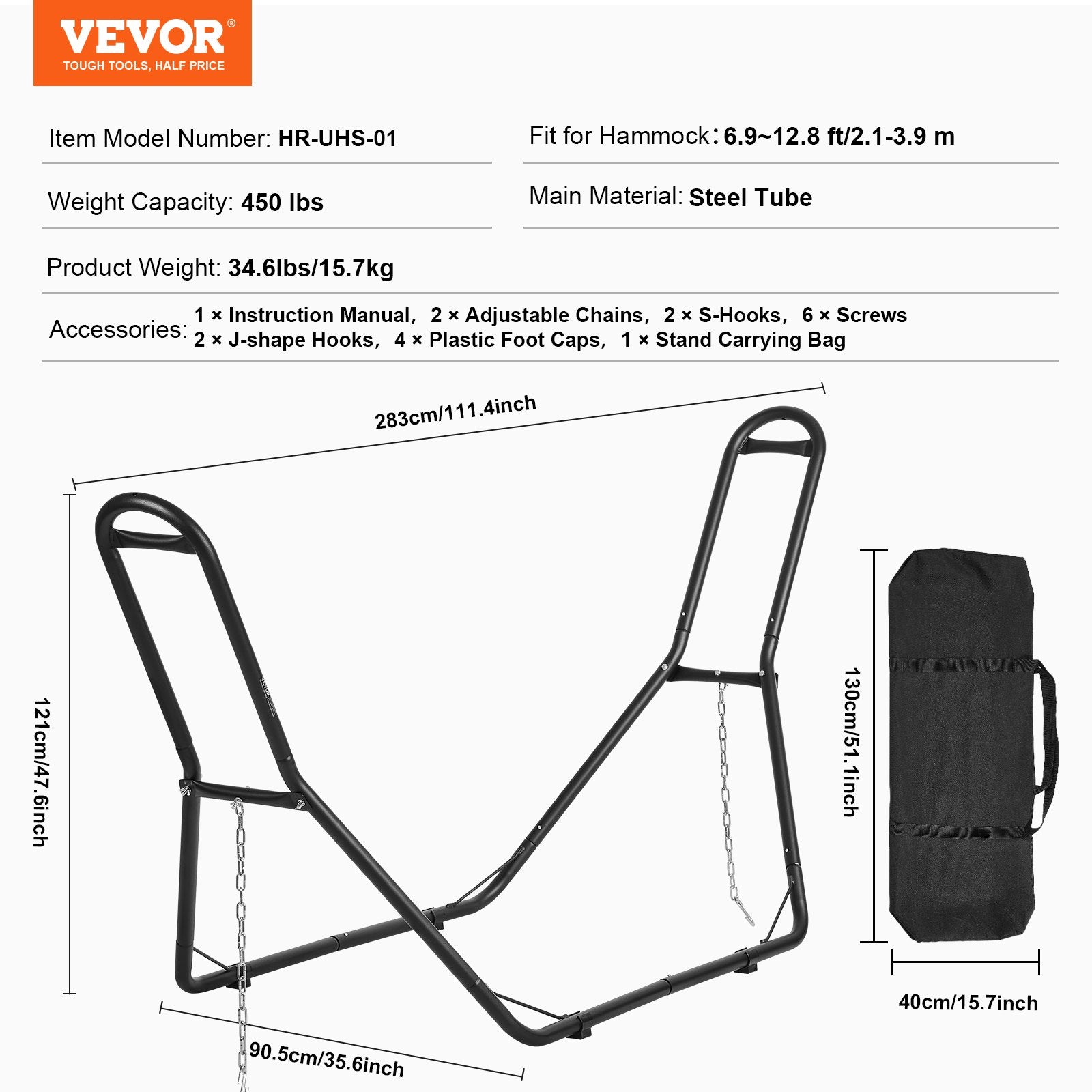 VEVOR Steel Hammock Stand 450lbs Capacity Hammock Frame Fits 6.9-12.8ft Hammocks 