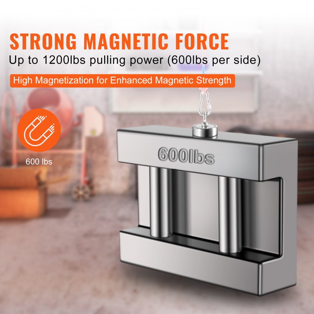 VEVOR Magnet Fishing Kit, 1200lbs Pulling Force Double Sided Fishing Magnets, 2.95inch Diameter Magnet with Rope, Grappling Hook, Gloves, Waterproof Case, Threadlocker, Eye Bolt, for Fishing 