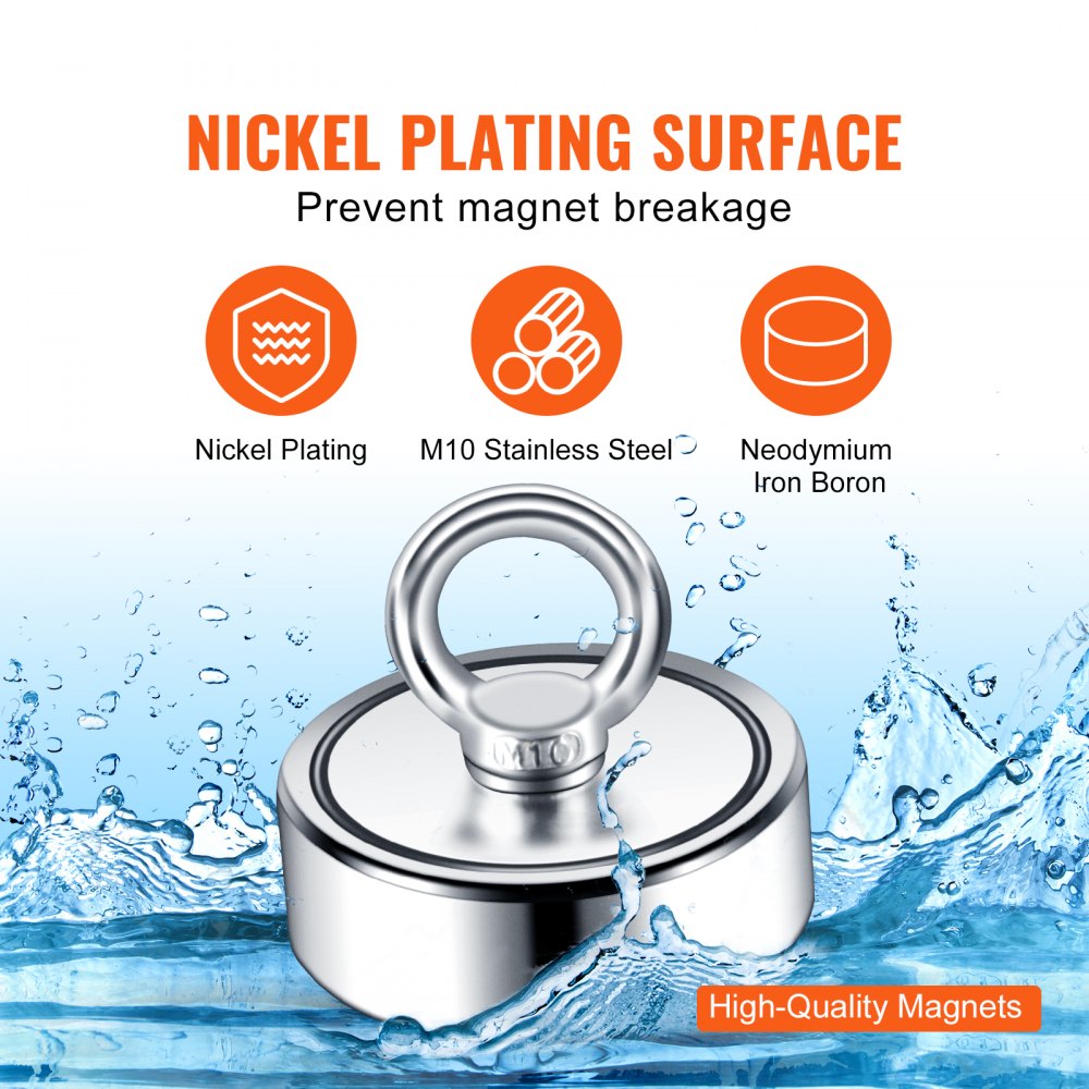 VEVOR Magnet Fishing Kit, 1200lbs Pulling Force Double Sided Fishing Magnets, 2.95inch Diameter Magnet with Rope, Grappling Hook, Gloves, Waterproof Case, Threadlocker, Eye Bolt, for Fishing 