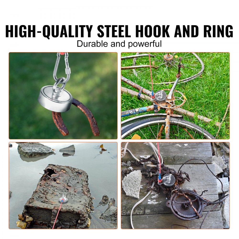 VEVOR Magnet Fishing Kit, 1200lbs Pulling Force Double Sided Fishing Magnets, 2.95inch Diameter Magnet with Rope, Grappling Hook, Gloves, Waterproof Case, Threadlocker, Eye Bolt, for Fishing 