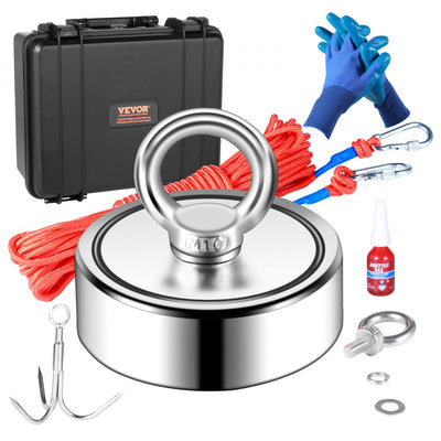 VEVOR Magnet Fishing Kit, 1200lbs Pulling Force Double Sided Fishing Magnets, 2.95inch Diameter Magnet with Rope, Grappling Hook, Gloves, Waterproof Case, Threadlocker, Eye Bolt, for Fishing 