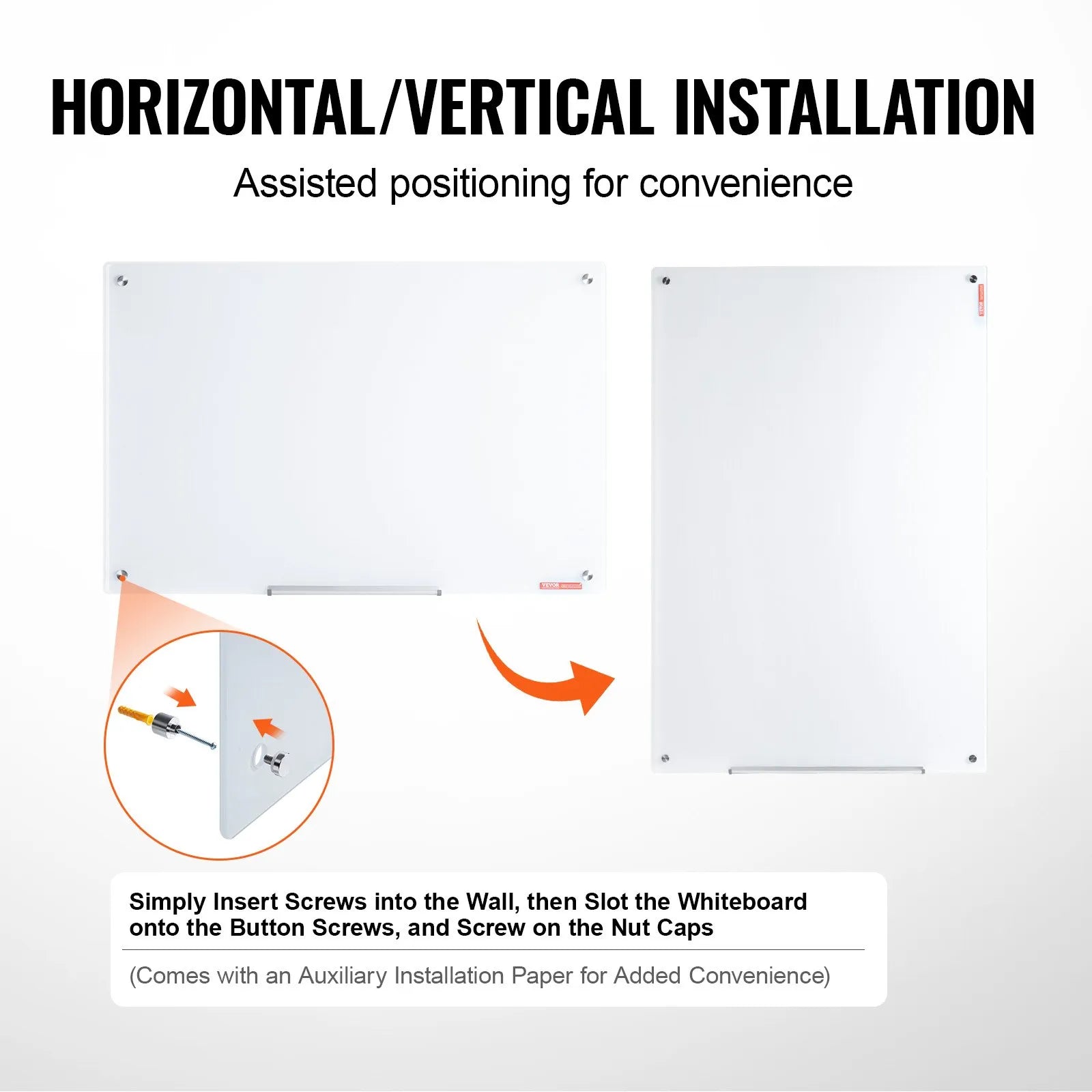 VEVOR Magnetic Glass Whiteboard, Dry Erase Board 36"x24", Wall-Mounted Large White Glassboard Frameless, with Marker Tray, an Eraser and 2 Markers, White