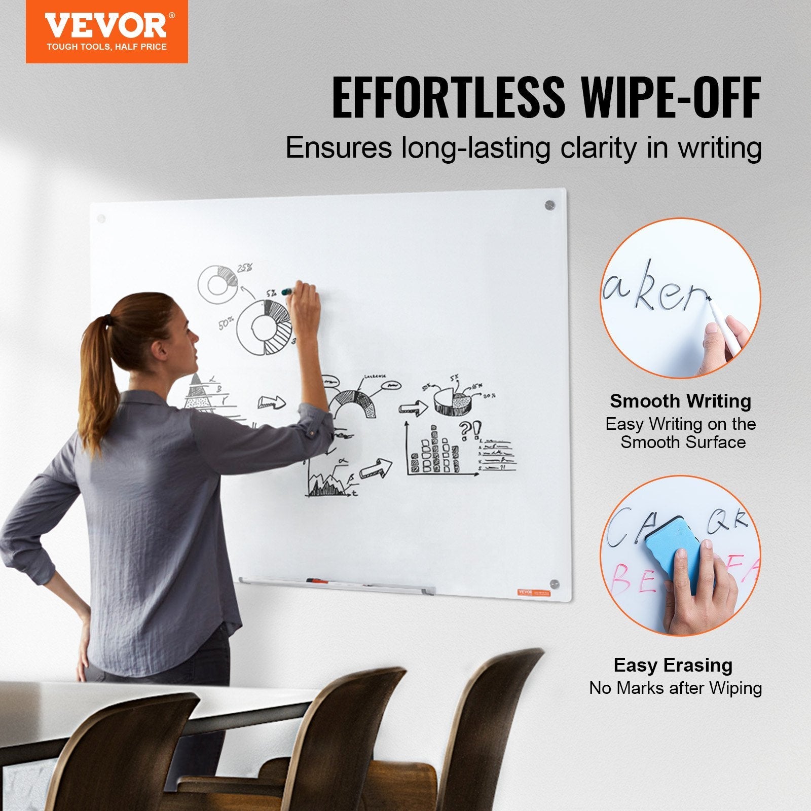 VEVOR Magnetic Glass Whiteboard, Dry Erase Board 48"x32", Wall-Mounted Large White Glassboard Frameless, with Marker Tray, an Eraser and 2 Markers, White 