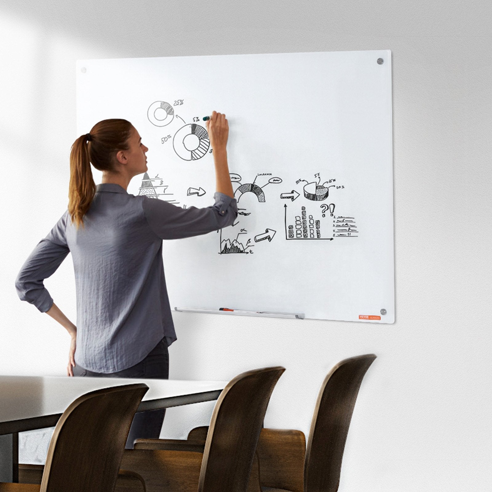 VEVOR Magnetic Glass Whiteboard, Dry Erase Board 48"x32", Wall-Mounted Large White Glassboard Frameless, with Marker Tray, an Eraser and 2 Markers, White 
