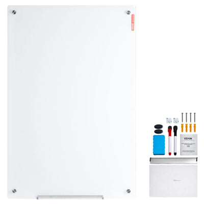 VEVOR Magnetic Glass Whiteboard, Dry Erase Board 48"x32", Wall-Mounted Large White Glassboard Frameless, with Marker Tray, an Eraser and 2 Markers, White 