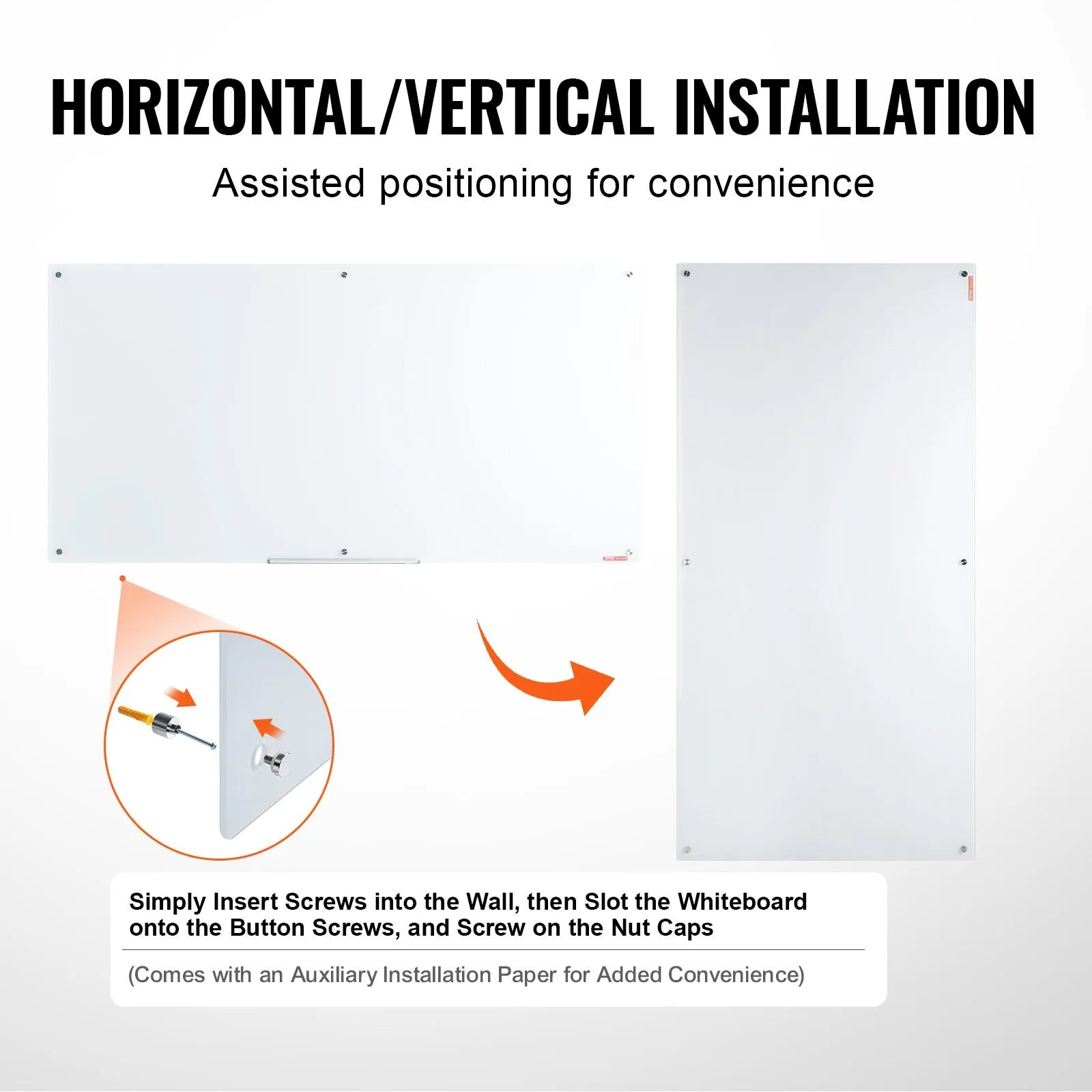 VEVOR Magnetic Glass Whiteboard, Dry Erase Board 72"x36", Wall-Mounted Large White Glassboard Frameless, with Marker Tray, an Eraser and 2 Markers, White