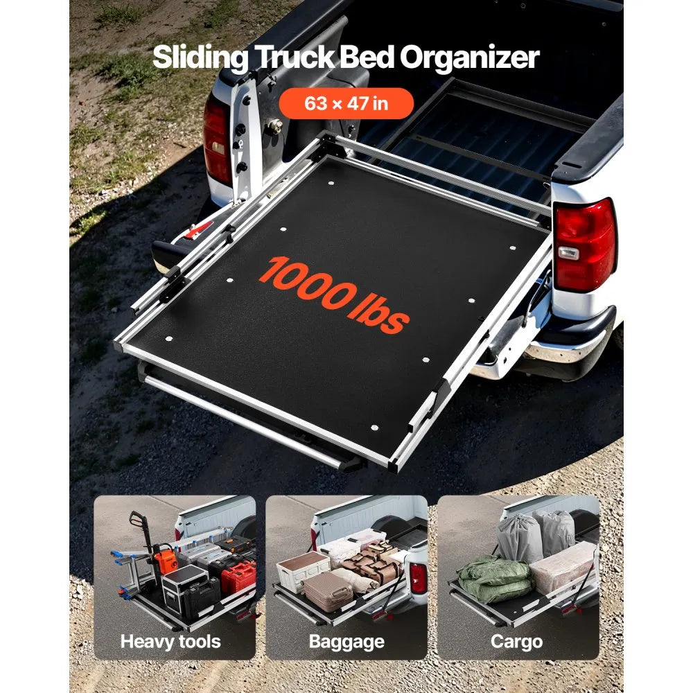 Sliding Truck Bed Organizer, 63" x 47" Heavy-Duty Pull-Out Truck Bed Storage Drawer, 1000 lb Capacity, 2-Position Slide-Out Tray with 6 Tie-Down Rings for Pickup Trucks