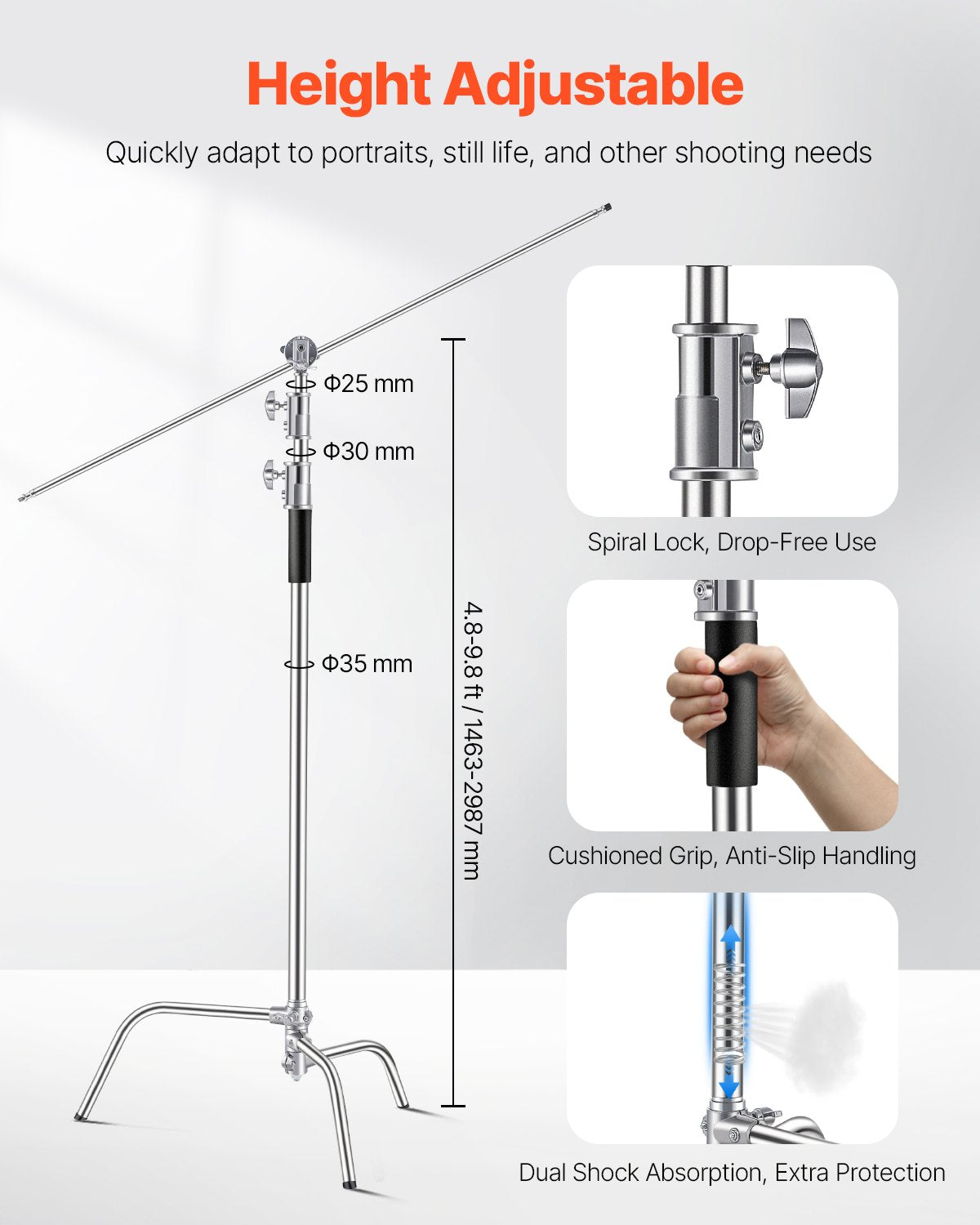 VEVOR C Stand Max Height 10.83 ft/330 cm Stainless Steel Photography Light Stand 