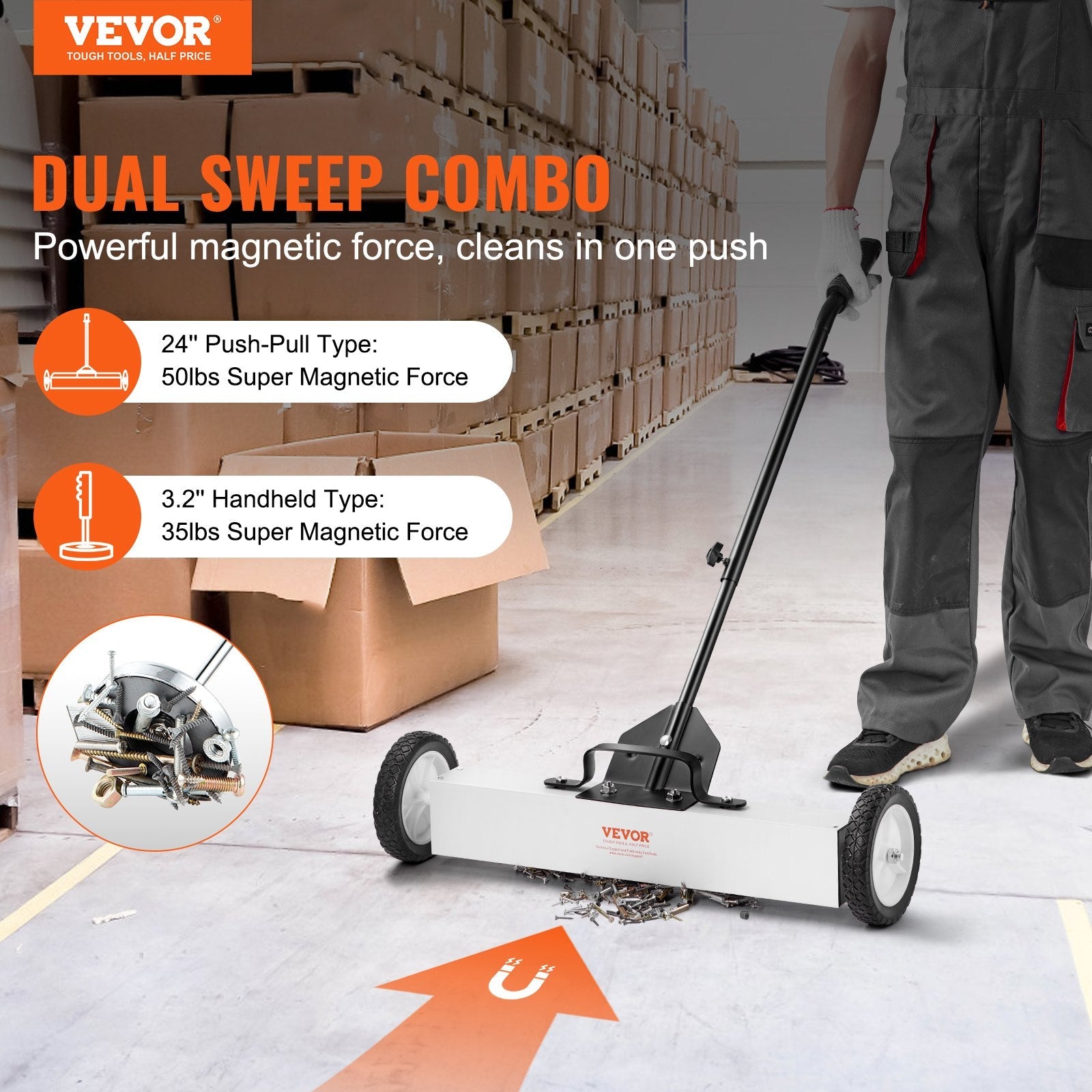 VEVOR 24-Inch Magnetic Sweeper with Wheels Telescoping Magnetic Pickup Tool 