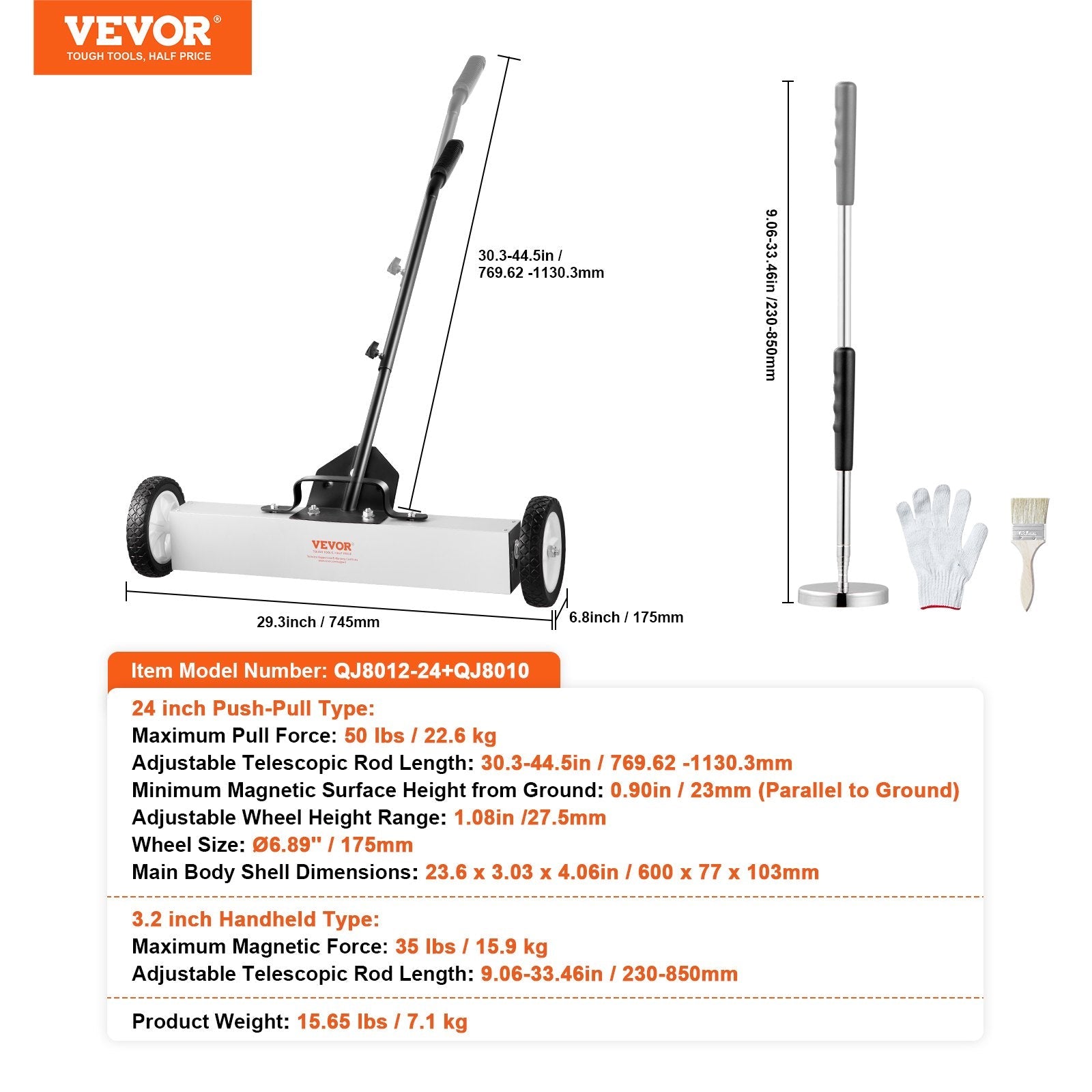 VEVOR 24-Inch Magnetic Sweeper with Wheels Telescoping Magnetic Pickup Tool 