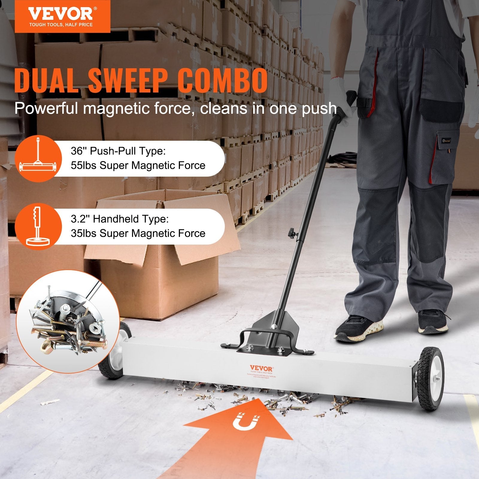 VEVOR 36-Inch Magnetic Sweeper with Wheels Telescoping Magnetic Pickup Tool 