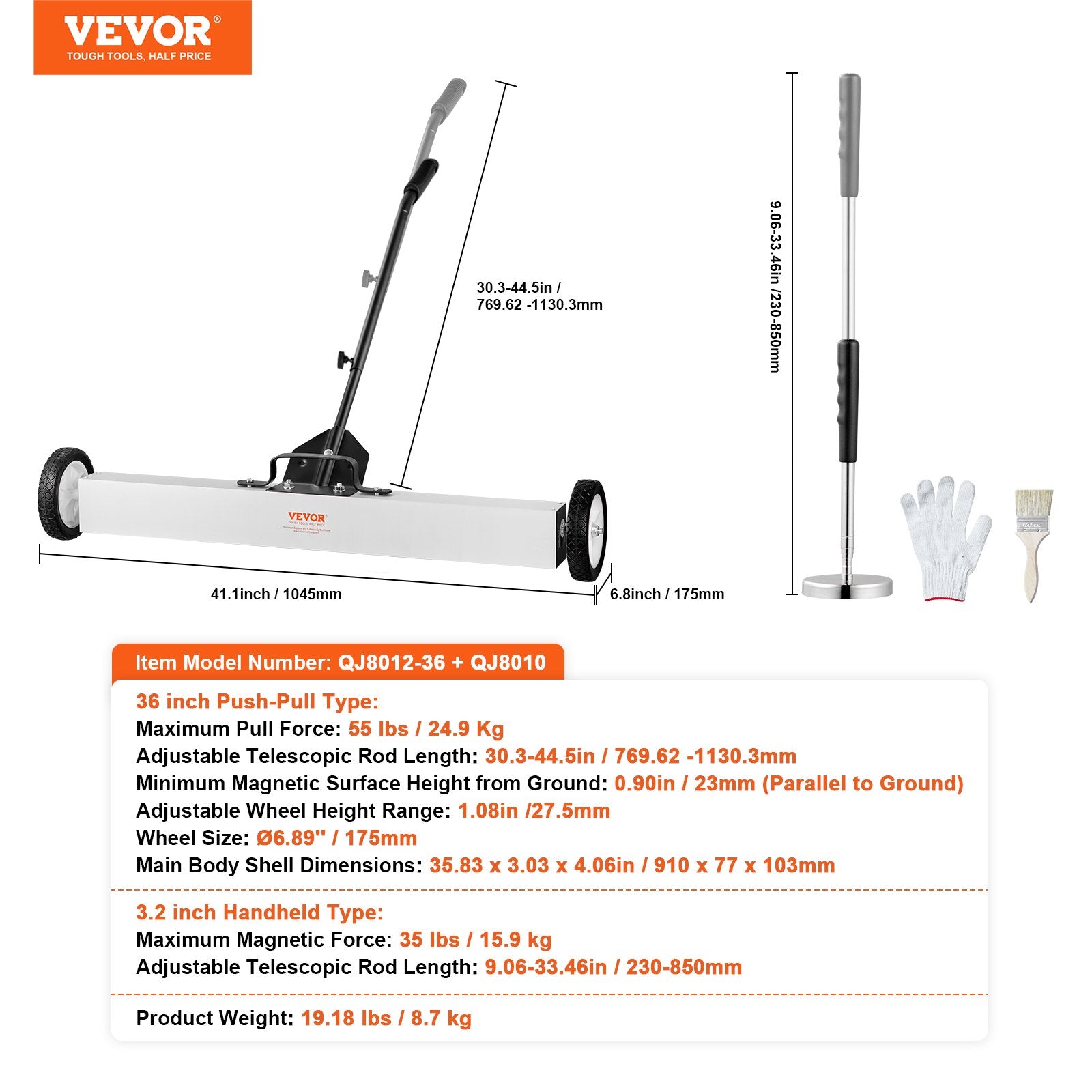 VEVOR 36-Inch Magnetic Sweeper with Wheels Telescoping Magnetic Pickup Tool 