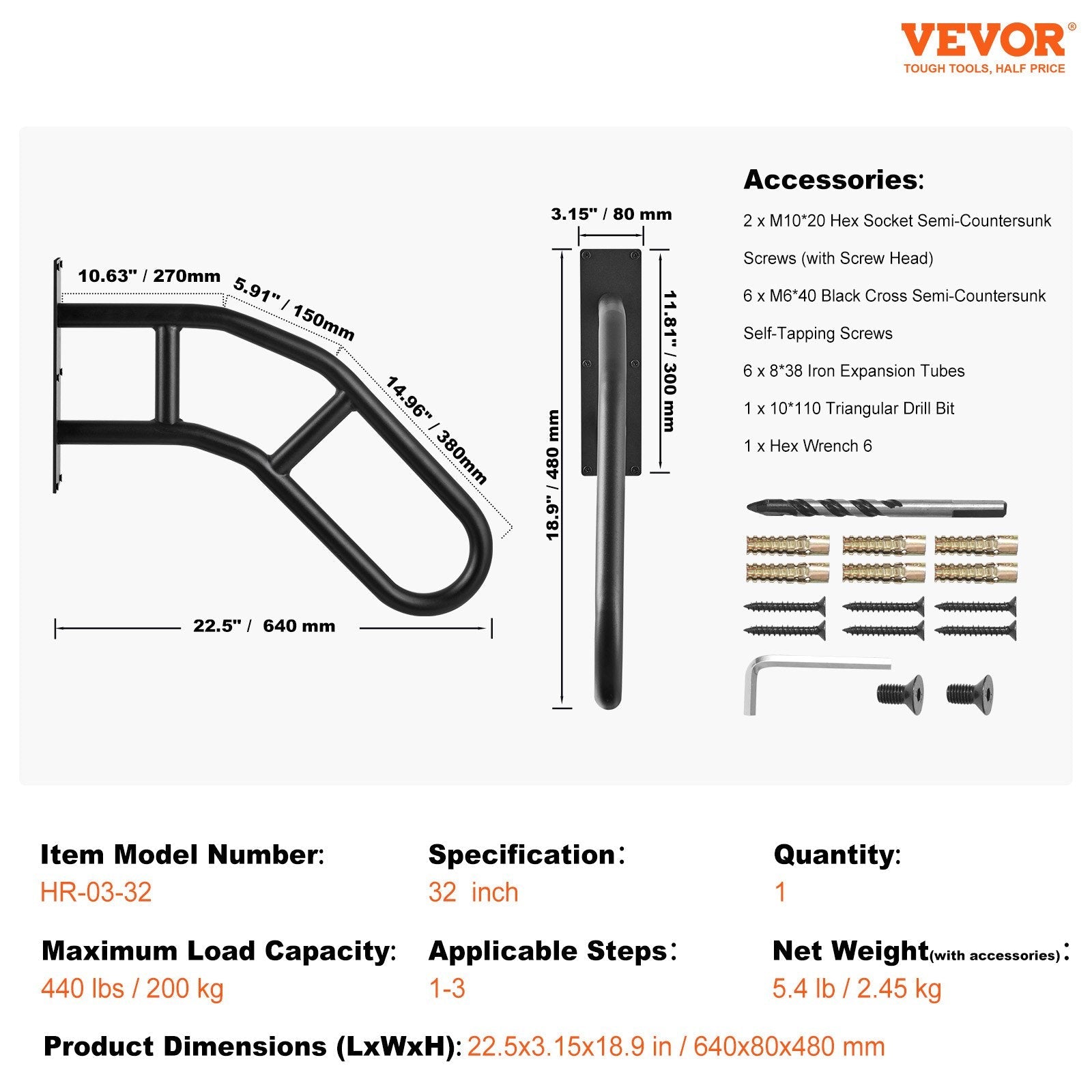 VEVOR Handrails for Outdoor Steps 32" Wall Mount Safety Railings for 1-3 Steps 