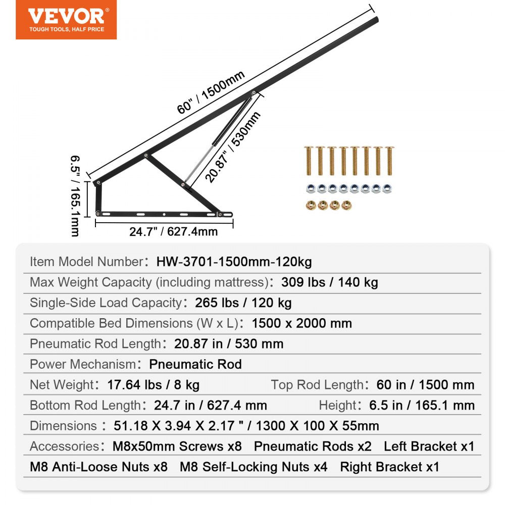 VEVOR Bed Lift 59x79 in Compatible Bed Size 309 lbs Load DIY Wall Bed Hardware 