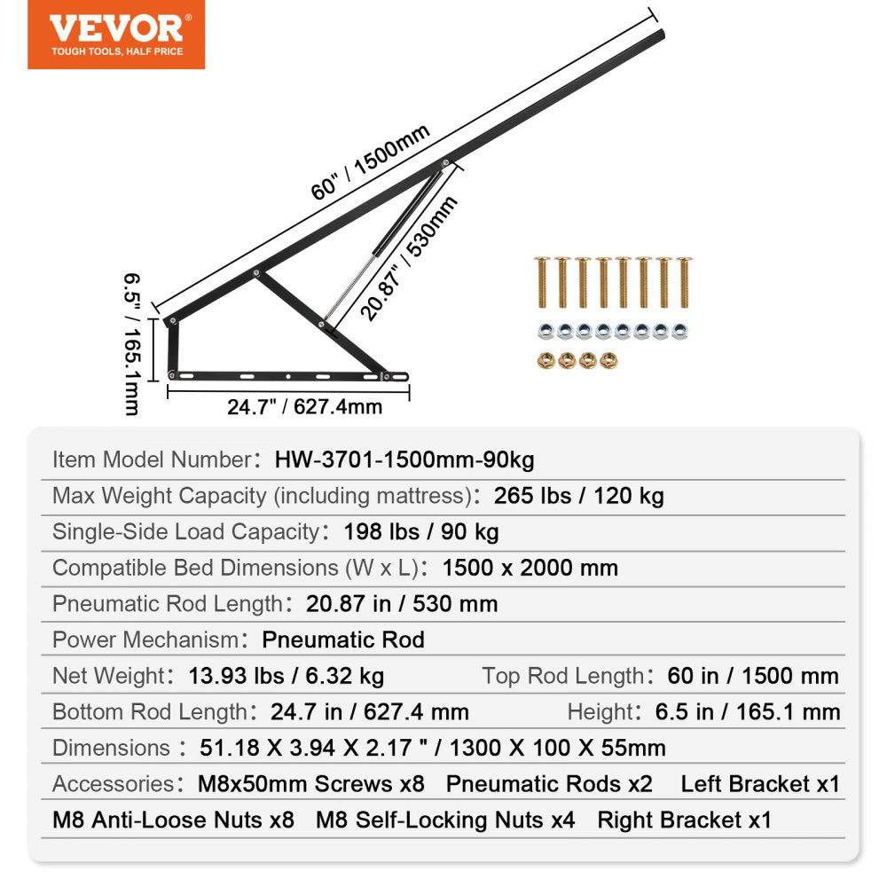 VEVOR Bed Lift 59x79 in Compatible Bed Size 265 lbs Load DIY Wall Bed Hardware 