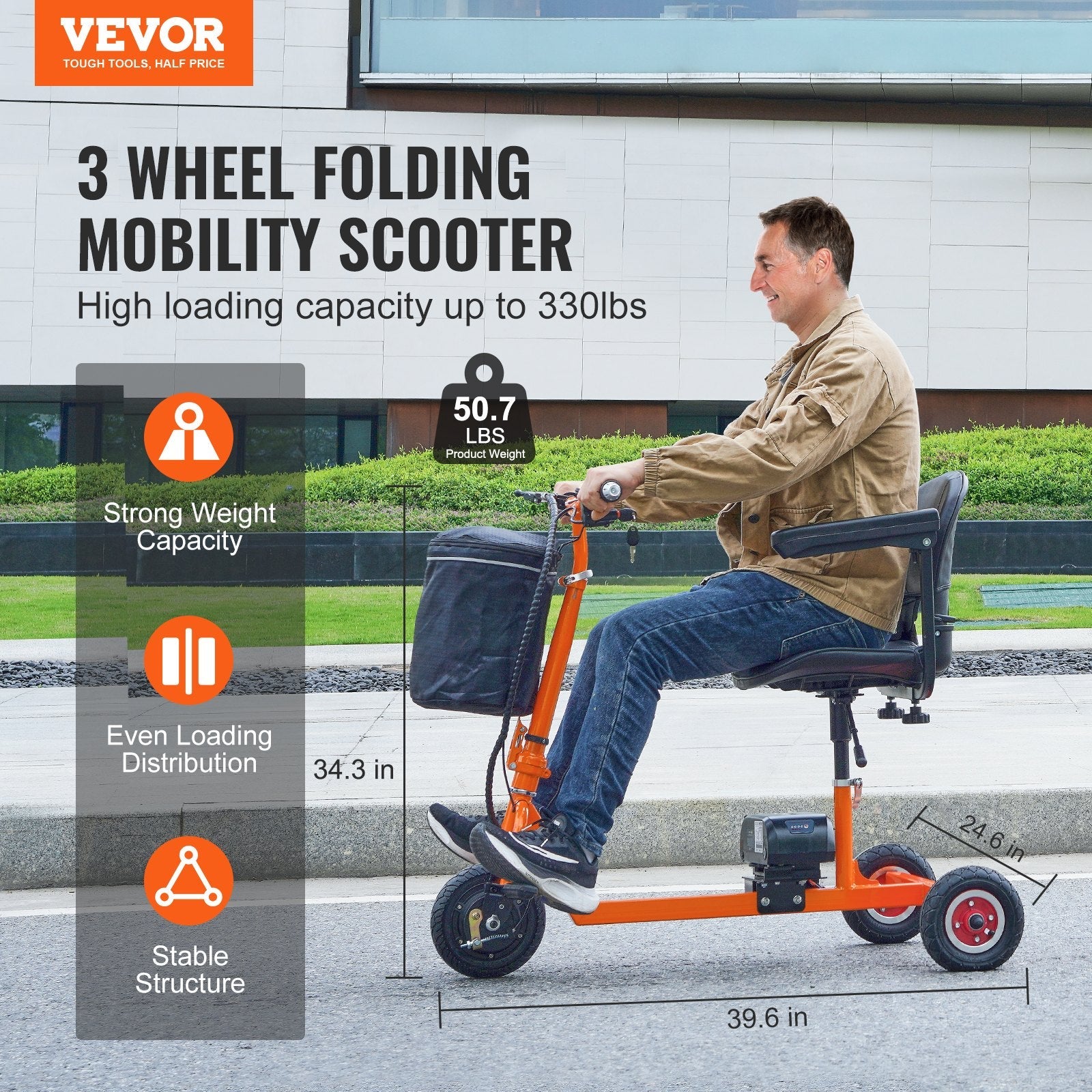 VEVOR Foldable 3 Wheel Mobility Scooter for Seniors, Portable Electric Powered Mobility Scooter with 12 Mile Long Range, All Terrain Travel Wheelchair with 48V Lithium-ion Battery, Max Support 330LBS 