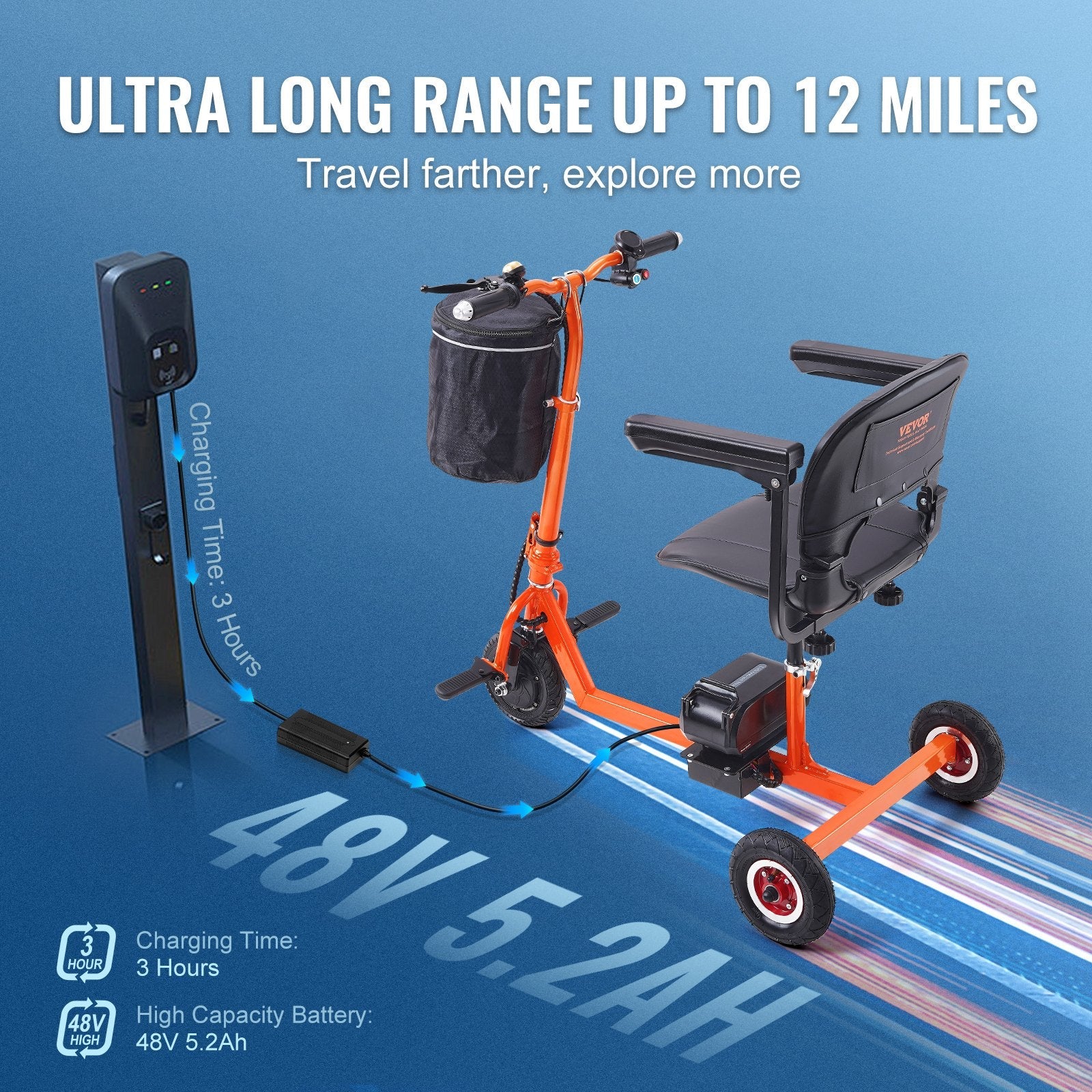 VEVOR Foldable 3 Wheel Mobility Scooter for Seniors, Portable Electric Powered Mobility Scooter with 12 Mile Long Range, All Terrain Travel Wheelchair with 48V Lithium-ion Battery, Max Support 330LBS 