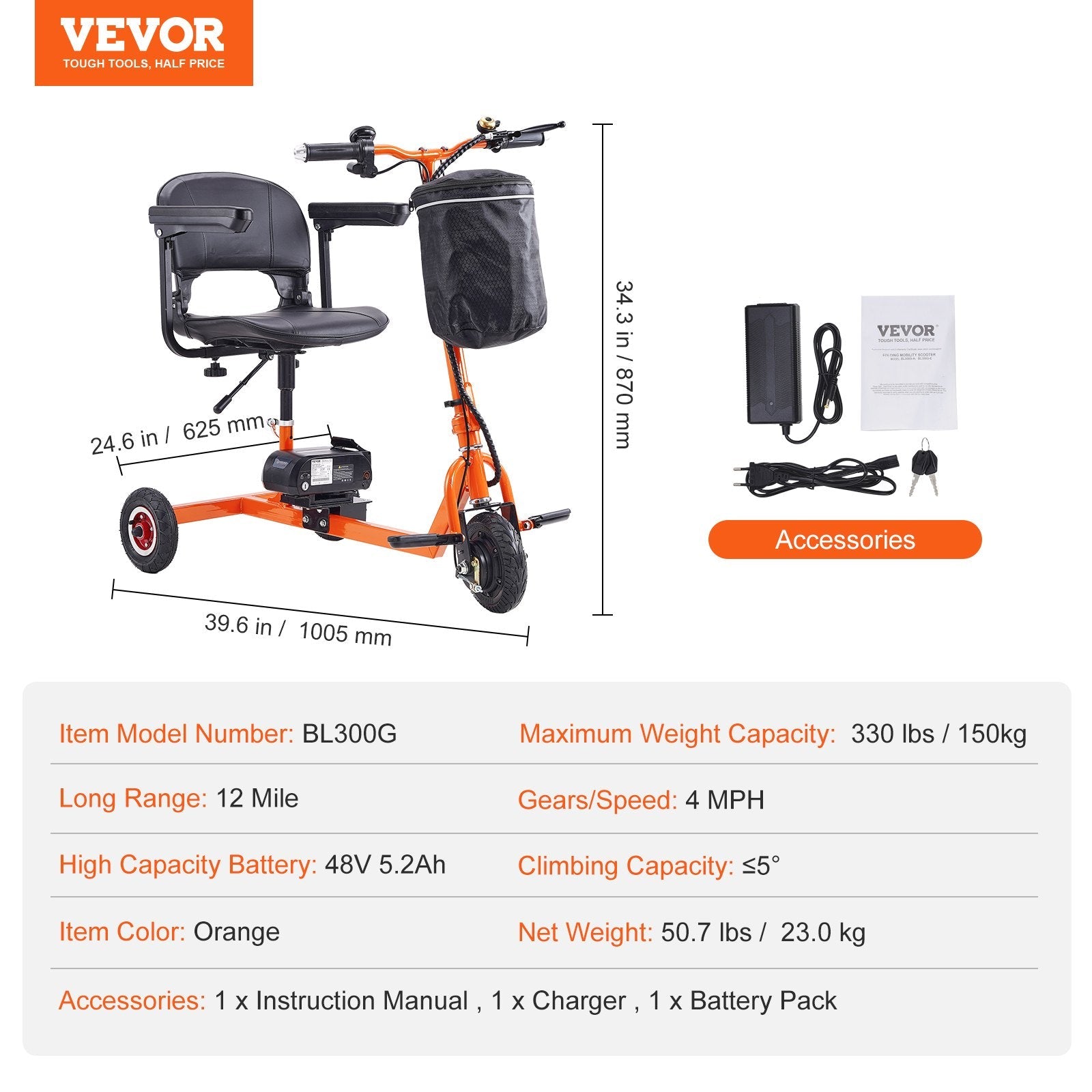 VEVOR Foldable 3 Wheel Mobility Scooter for Seniors, Portable Electric Powered Mobility Scooter with 12 Mile Long Range, All Terrain Travel Wheelchair with 48V Lithium-ion Battery, Max Support 330LBS 