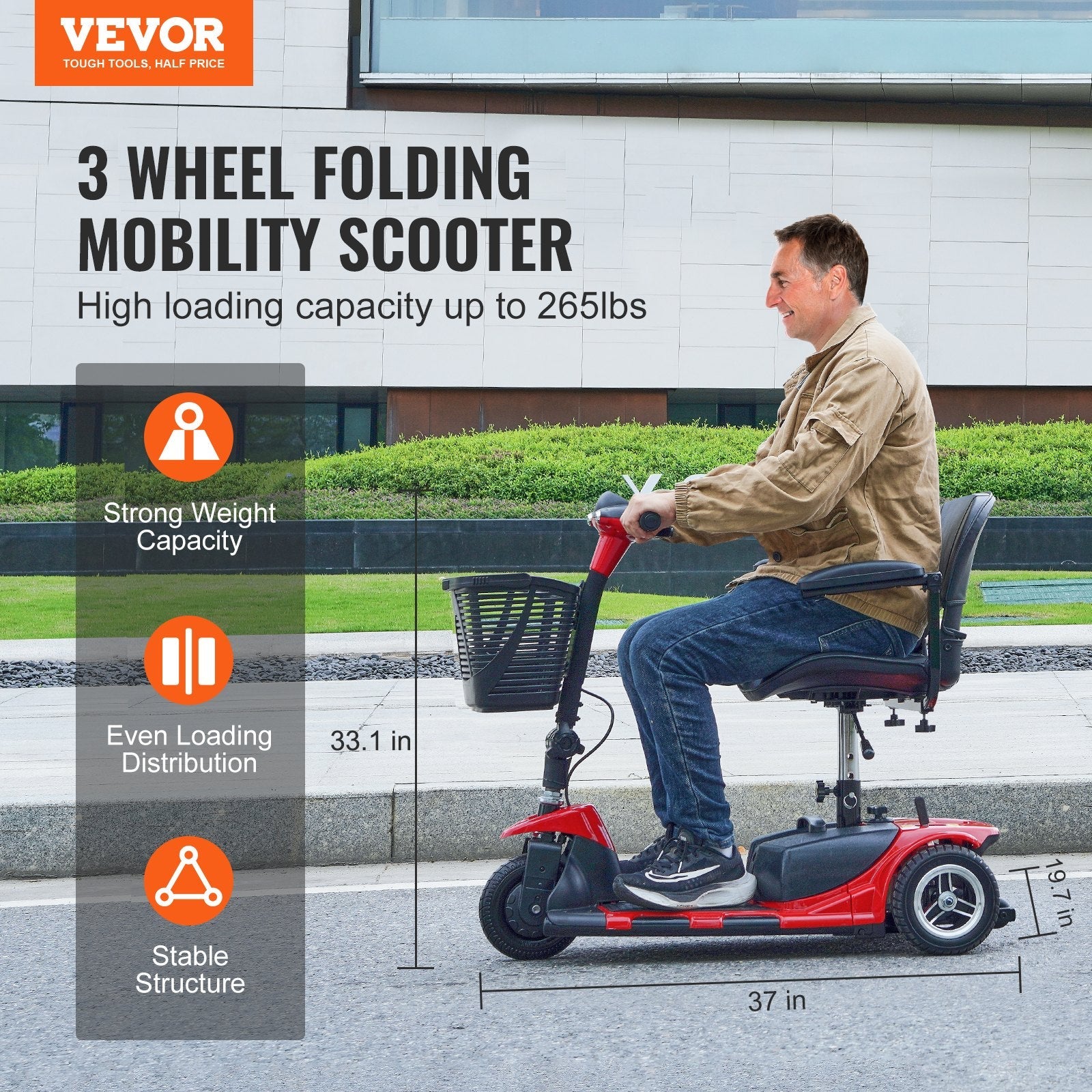 VEVOR 3 Wheel Folding Mobility Scooter for Adults & Seniors, Heavy-Duty Electric Powered Mobility Scooter & 12 Mile Long Range, All Terrain Travel Wheelchair with 9° Climbing Capacity, 265lb Capacity 