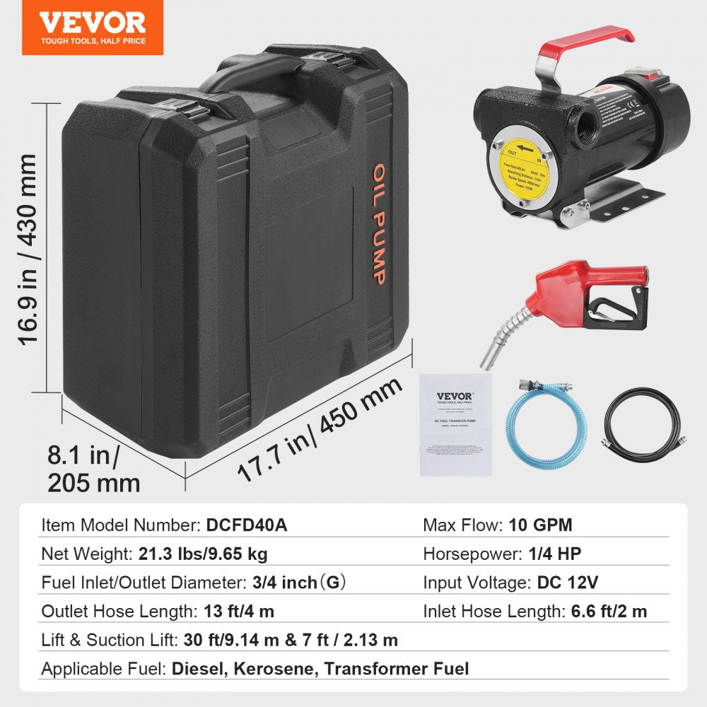 VEVOR Fuel Transfer Pump 12V 10 GPM 1/4 HP Diesel Pump with Auto Fuel Nozzle 