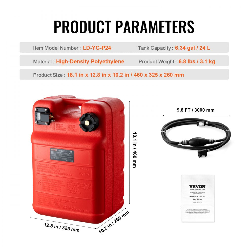 VEVOR Marine Fuel Tank, 6.34 Gallon/24L, Portable Boat Fuel Gas Tank for Outboard Engine Boats, Plastic Outboard Marine Boat Fuel Tank with Hose, Easy to Carry for Yacht, Fishing Boat, Deck Boat, Red 
