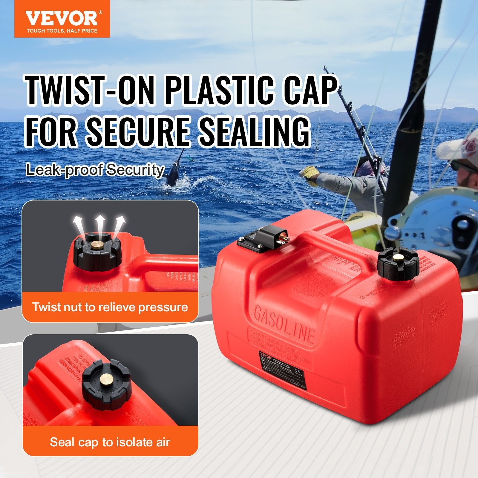 VEVOR Marine Fuel Tank, 3.17 Gallon/12L, Portable Boat Fuel Gas Tank for Outboard Engine Boats, Plastic Outboard Marine Boat Fuel Tank with Hose, Easy to Carry for Yacht, Fishing Boat, Deck Boat, Red 