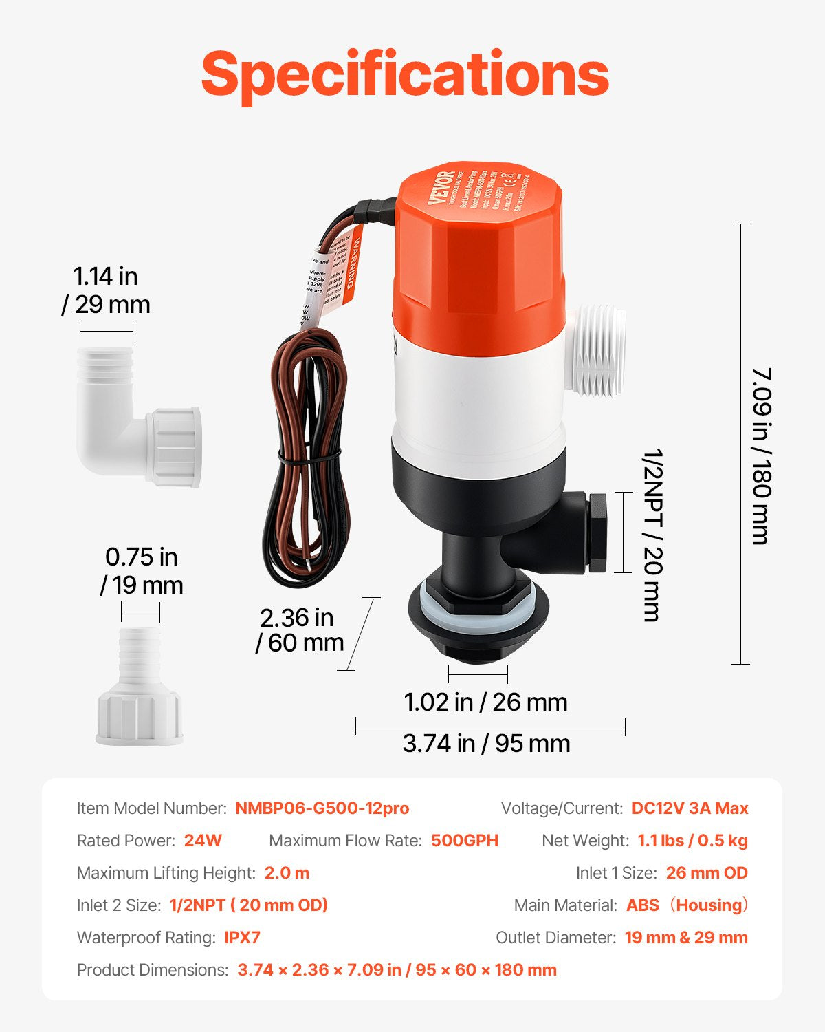 VEVOR Livewell Pump for Boat 12V 500 GPH Livewell Aerator Pump Straight 2 Inlets 