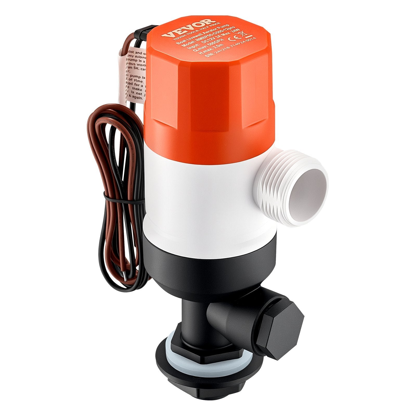 VEVOR Livewell Pump for Boat 12V 500 GPH Livewell Aerator Pump Straight 2 Inlets 