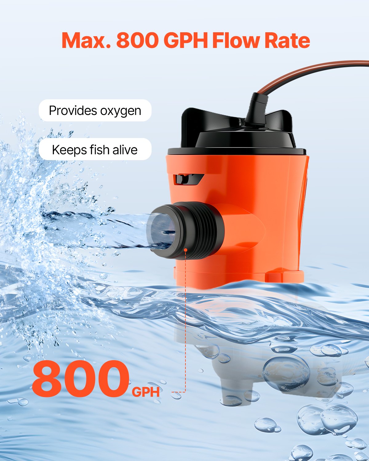VEVOR Livewell Pump for Boat 12V 800 GPH 90°Livewell Aerator Pump Baitwell Pump 