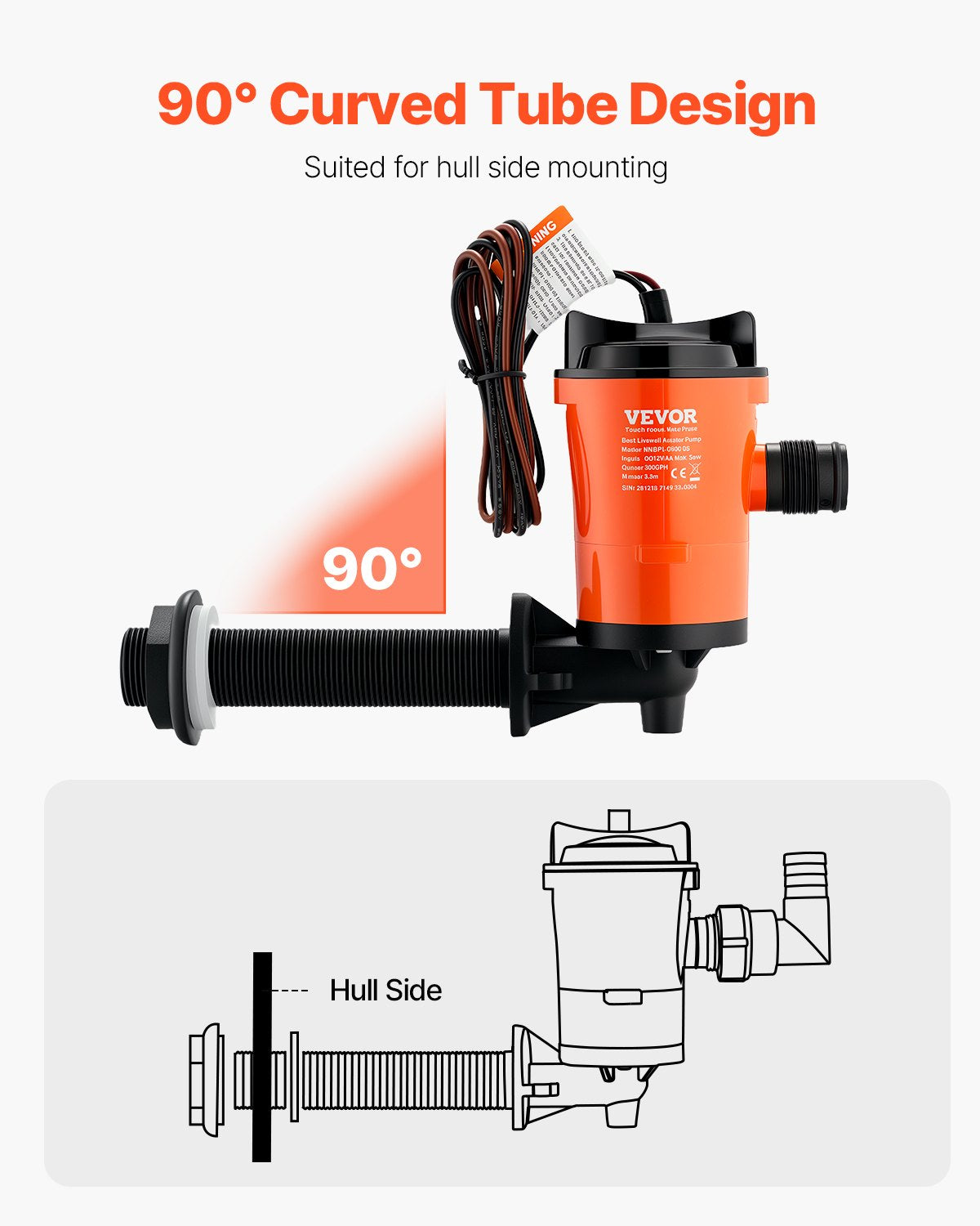 VEVOR Livewell Pump for Boat 12V 800 GPH 90°Livewell Aerator Pump Baitwell Pump 