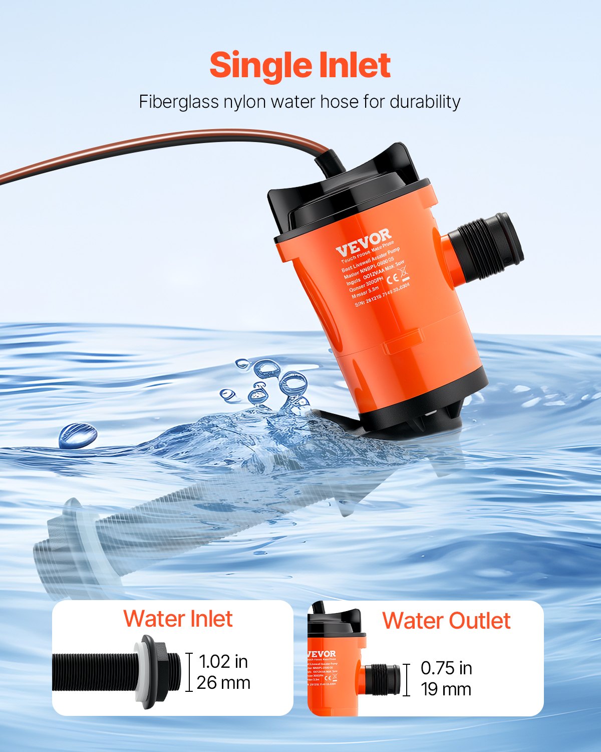 VEVOR Livewell Pump for Boat 12V 800 GPH 90°Livewell Aerator Pump Baitwell Pump 