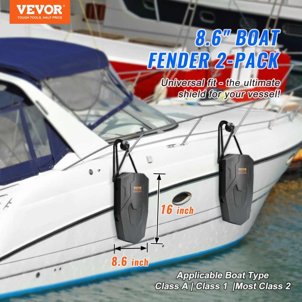 VEVOR Boat Fenders, 8.6" x 16" Boat Bumpers for Docking, Marine EVA Boat Dock Fender Bumper with Ropes, Cord Locks and Storage Bag, No Inflation Required, for Class A/Class 1/Part Class 2, Black 